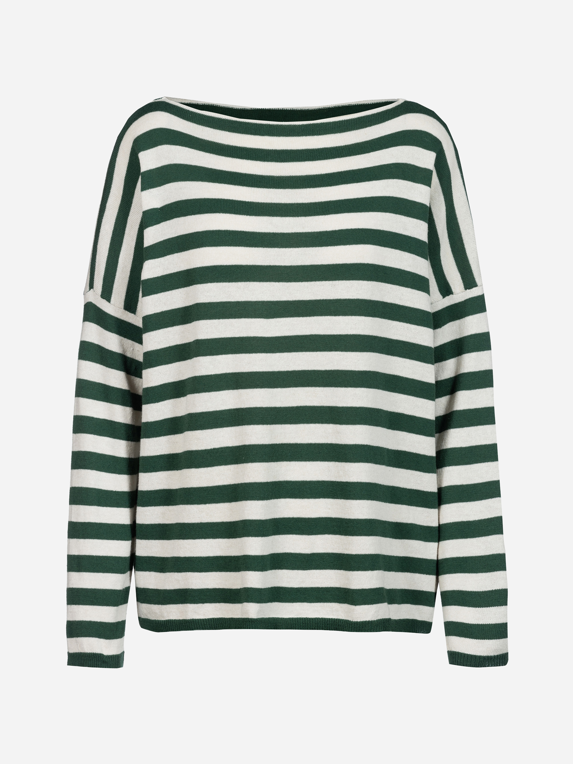 Langärmeliger Pullover mit horizontalen dunkelgrünen und weißen Streifen, lockerer, entspannter Passform und Bootsausschnitt.