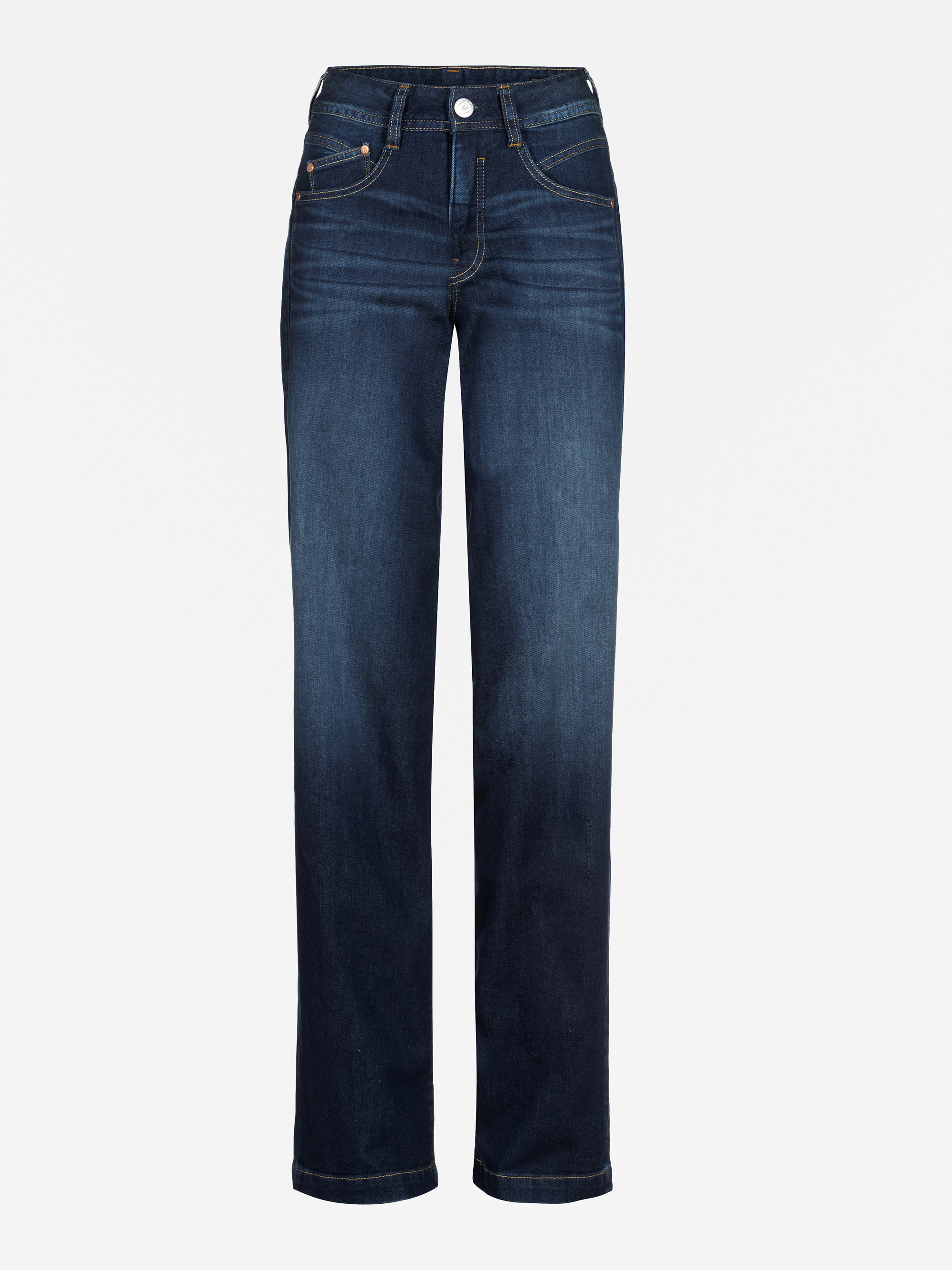 Ein Paar dunkelblaue Jeans mit geradem Bein, vorderen und hinteren Taschen, orangefarbenen Nähten und einem Knopfverschluss an der Taille, dargestellt auf einem einfarbig weißen Hintergrund.
