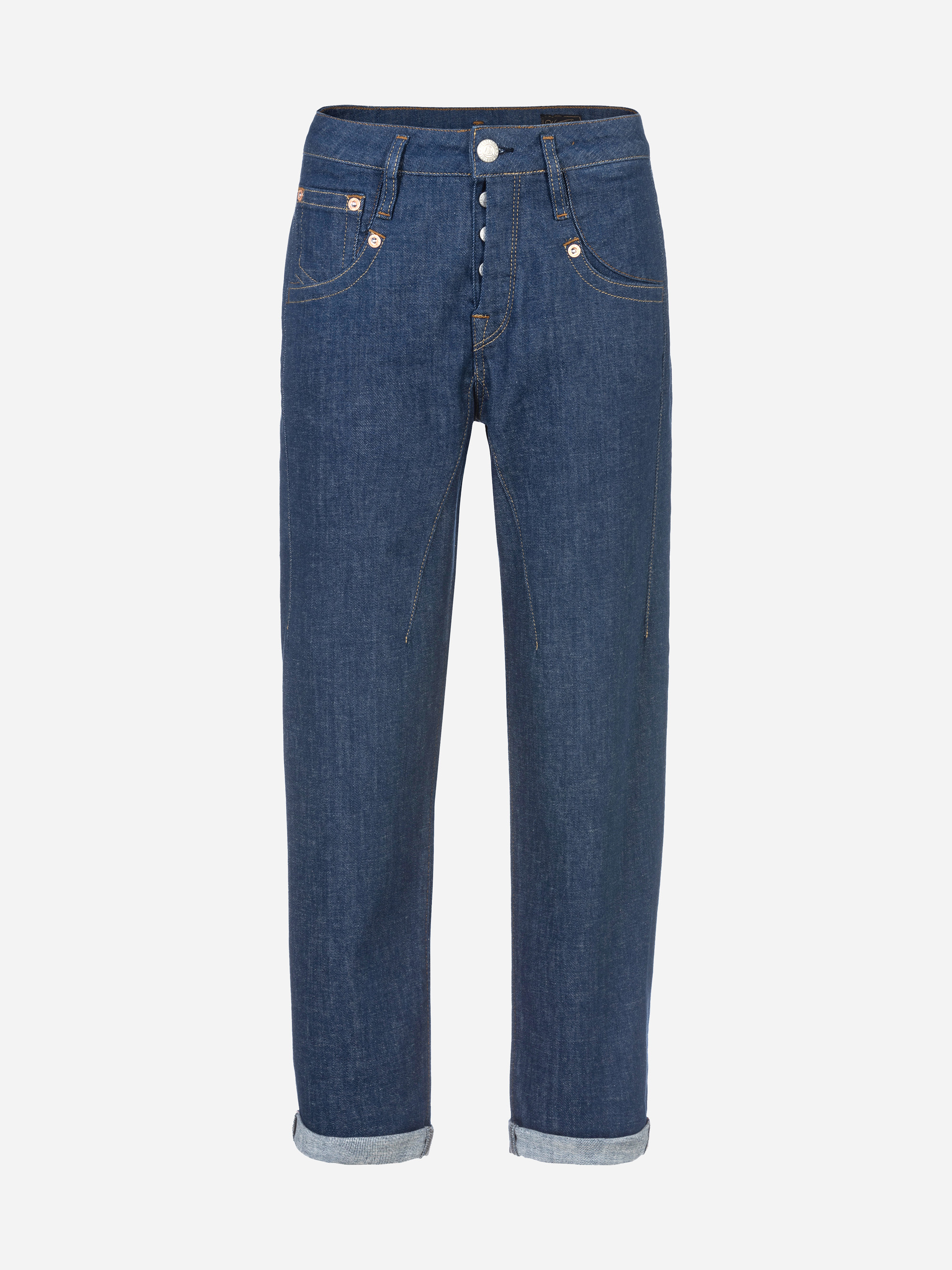 Blaue Denim-Jeans mit hochgekrempelten Bündchen, Knopf- und Reißverschluss, Vorder- und Gesäßtaschen und sichtbaren Nähten.