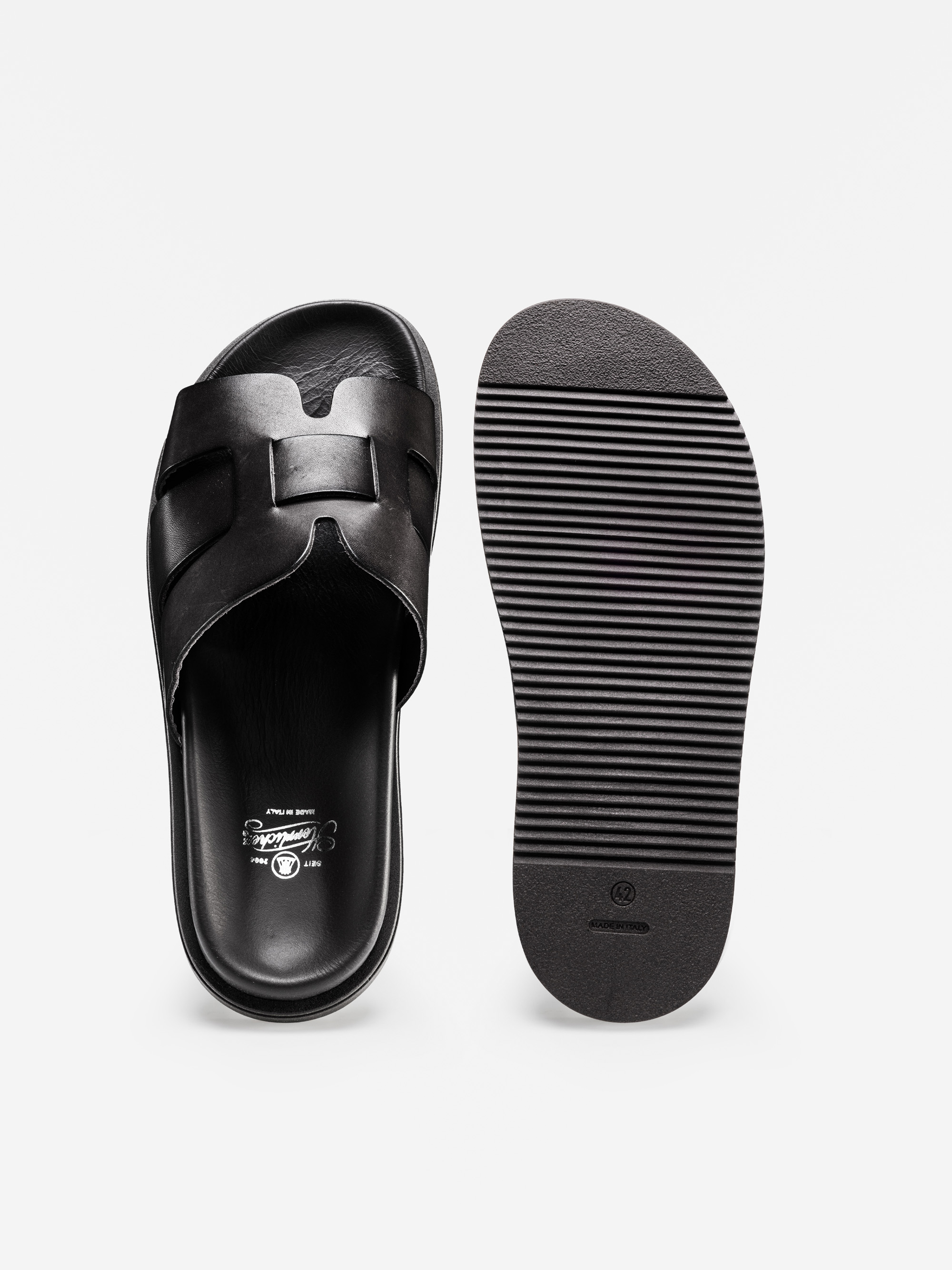 Zwei schwarze Slide-Sandalen auf weißem Hintergrund; die linke Sandale ist von oben gezeigt, wobei die breiten Riemen hervorgehoben werden, während die rechte Sandale von unten gezeigt wird und ihre geriffelte Sohle zeigt.