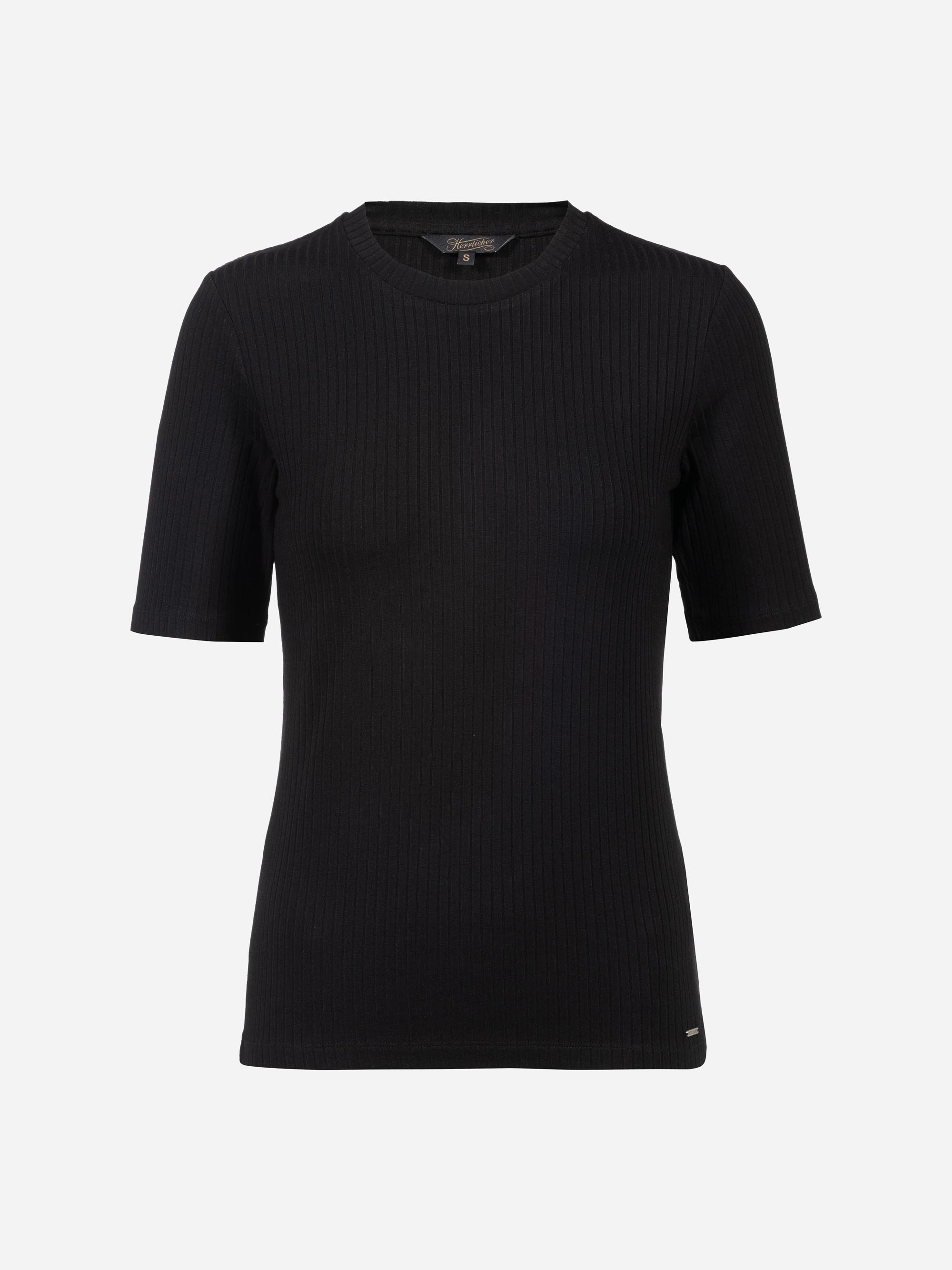 Ein schlichtes schwarzes T-Shirt mit kurzen Ärmeln und geripptem Rundhalsausschnitt auf weißem Hintergrund.