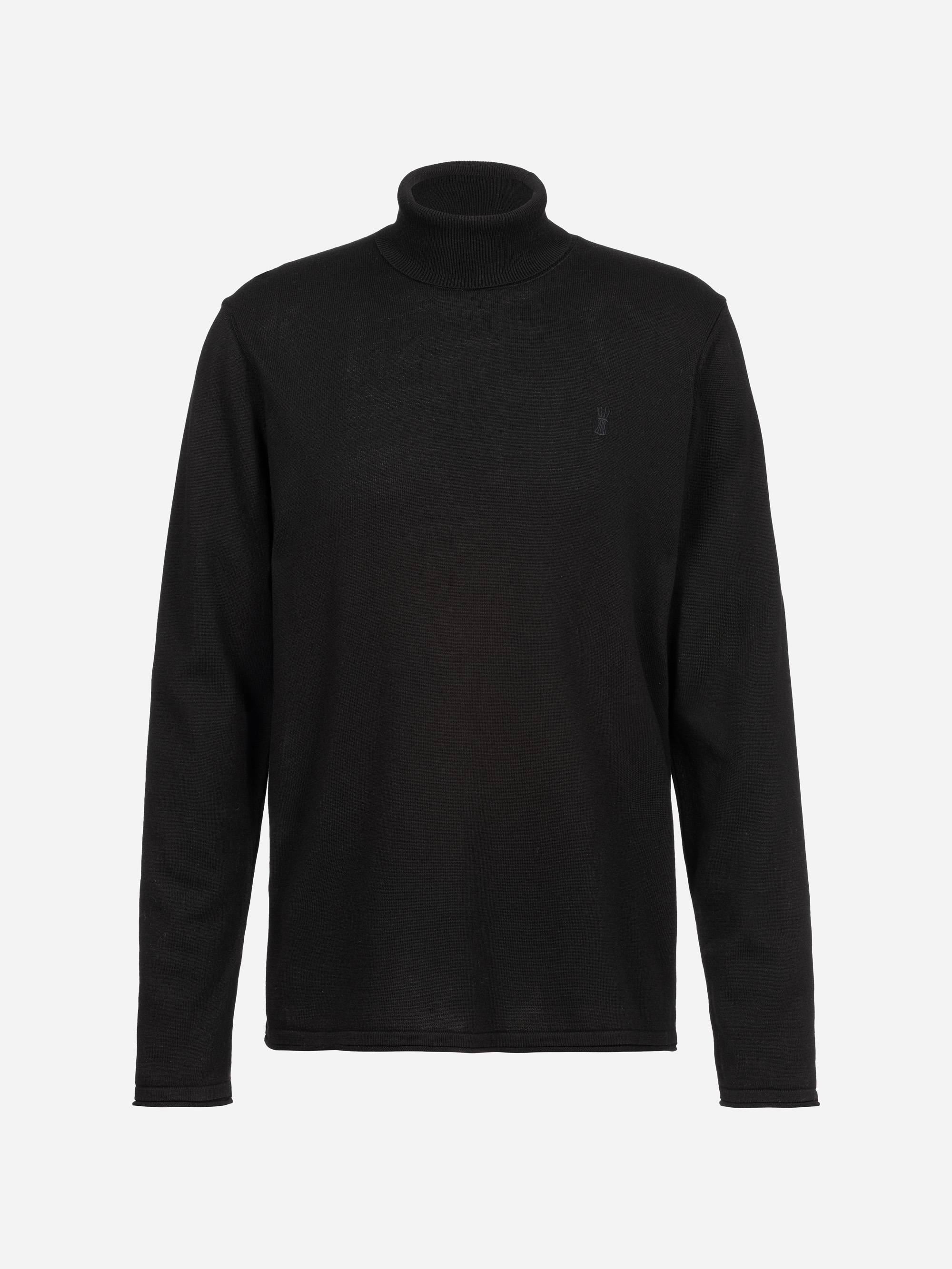 Ein schwarzer langärmeliger Rollkragenpullover wird vor einem schlichten weißen Hintergrund gezeigt. Der Pullover hat ein minimalistisches Design ohne sichtbare Muster oder Logos.