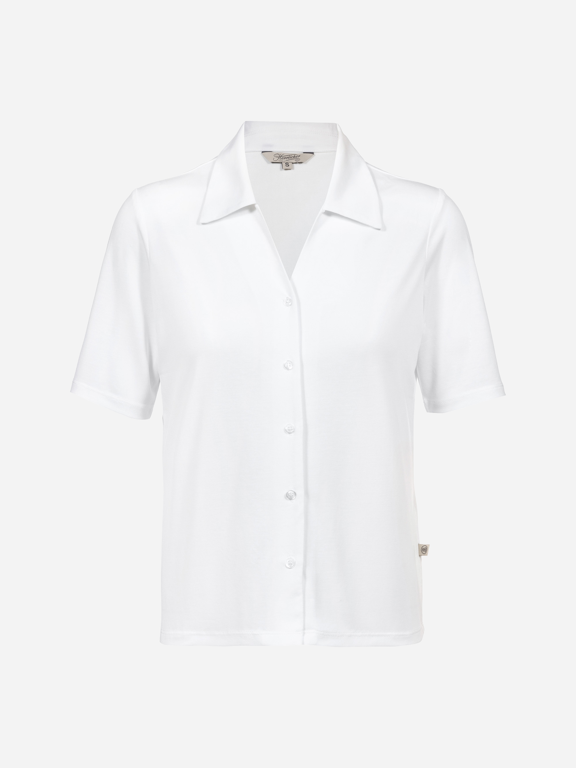 Ein kurzärmeliges, weißes Button-up-Hemd mit klassischem Kragen, das auf einem schlichten, hellen Hintergrund abgebildet ist.