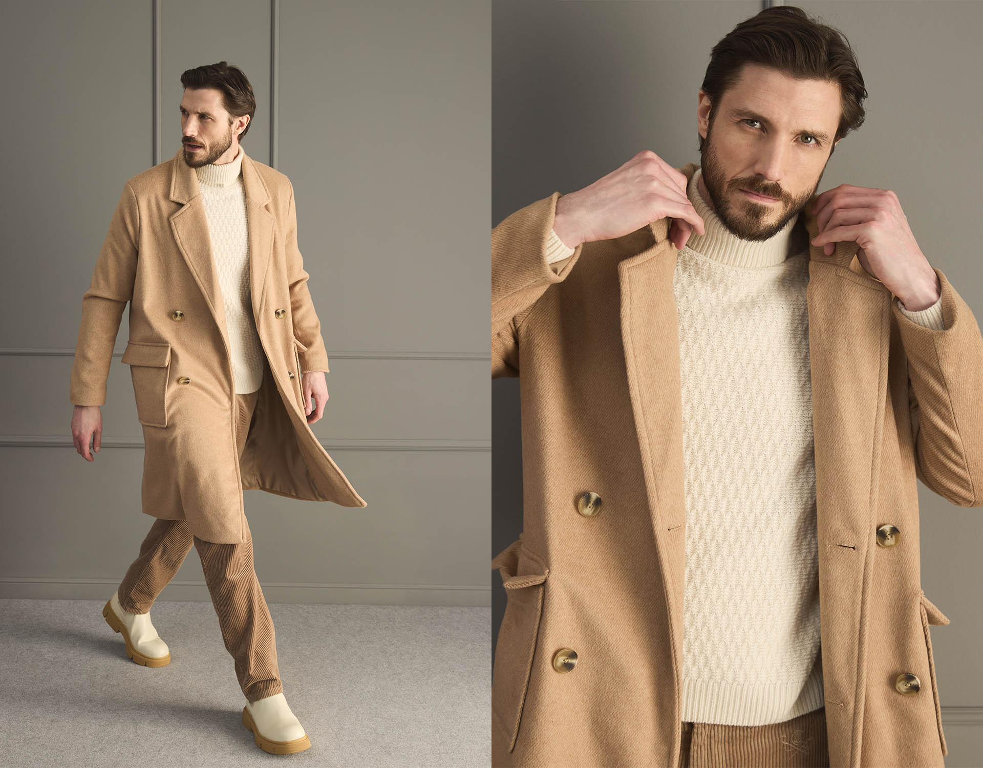 Ein Mann, der einen kamelfarbenen Mantel über einem cremefarbenen Pullover und einer dazu passenden Cordhose trägt; auf dem einen Bild geht er spazieren, auf dem anderen rückt er seinen Mantelkragen zurecht, vor einem neutralen Innenhintergrund.