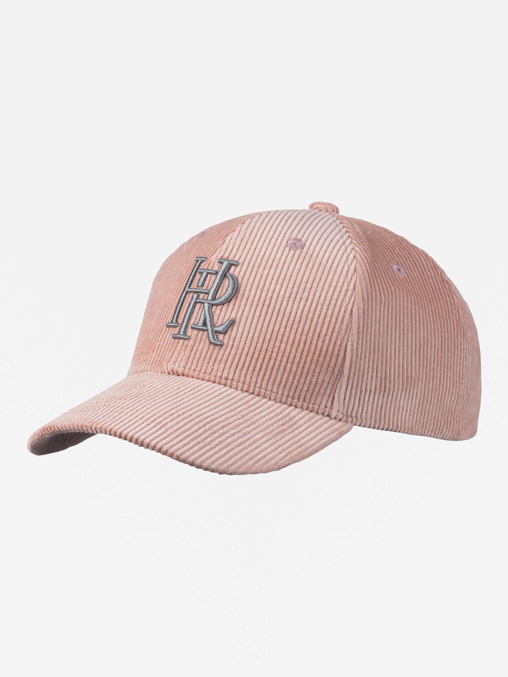 Eine rosafarbene Cord-Baseballmütze mit gebogener Krempe und einem gestickten, sich überlappenden HR-Logo in Weiß und Grau auf der Vorderseite, das auf einem schlichten weißen Hintergrund abgebildet ist.