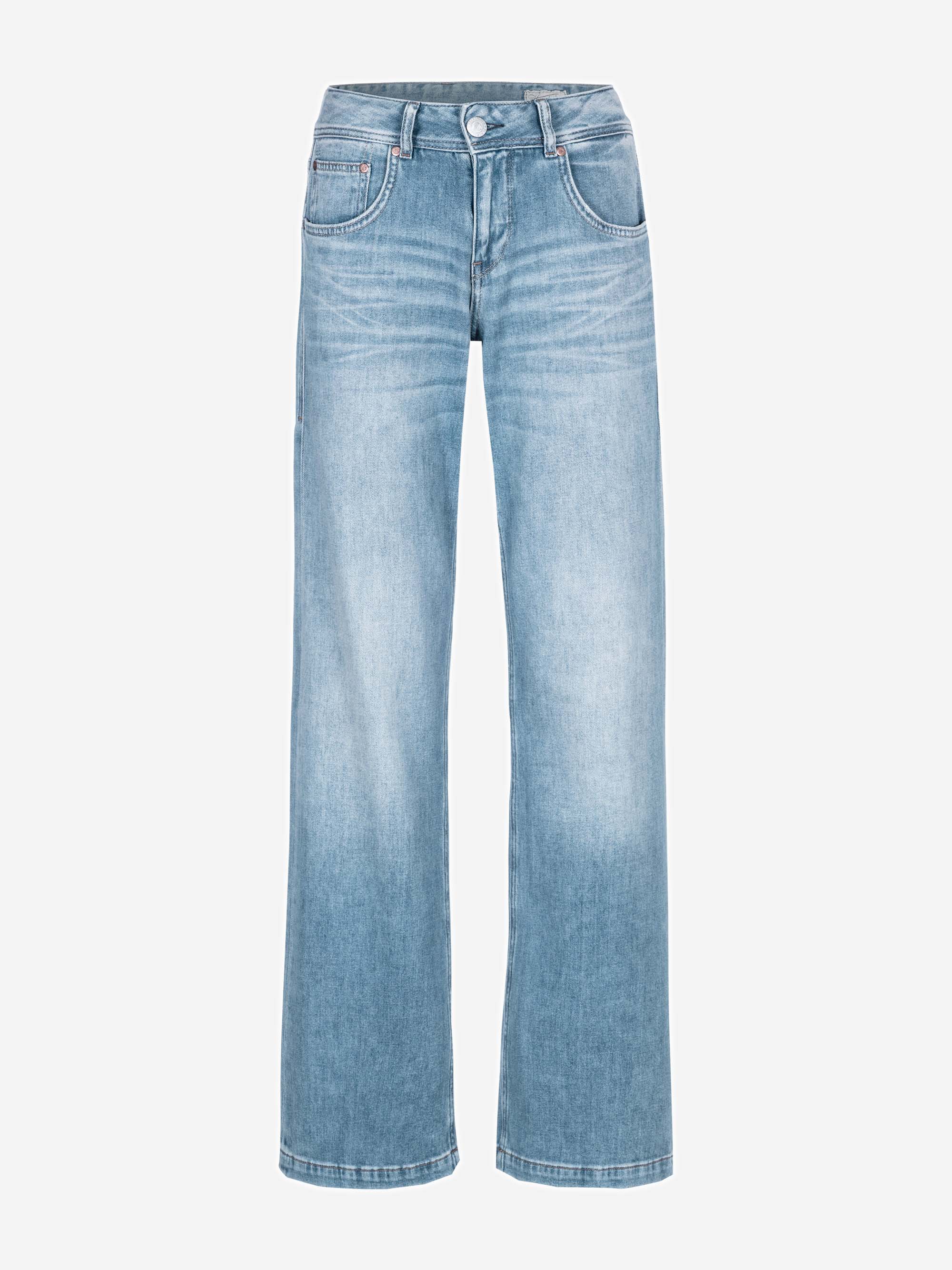 Ein Paar hellblaue Jeans mit hoher Taille und weitem Bein, Vordertaschen, Gürtelschlaufen und Knopfleiste auf einfarbig weißem Hintergrund.