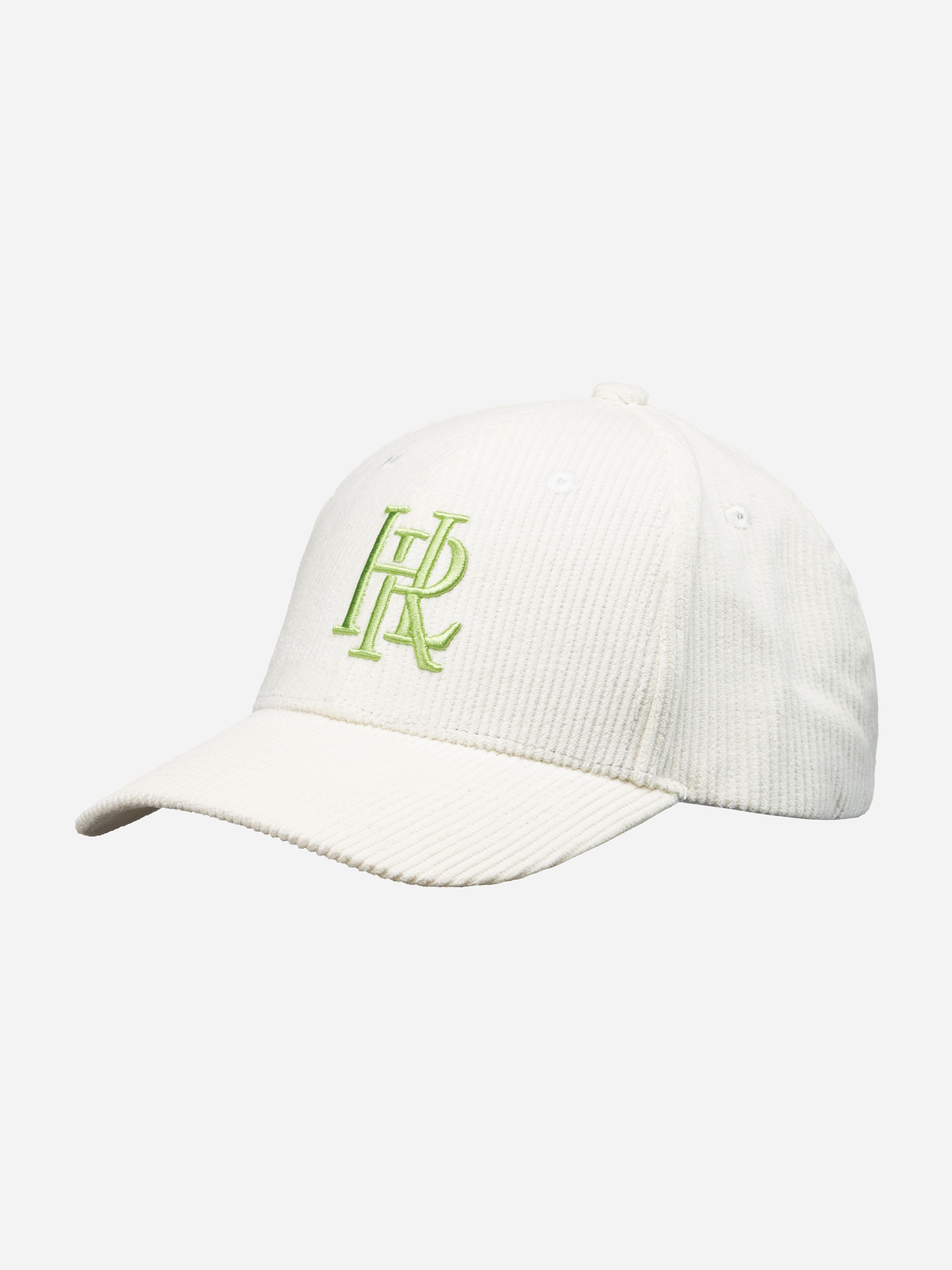 Weiße Cord-Baseballkappe mit gebogenem Rand und gesticktem hellgrünem HR-Logo auf der Vorderseite auf weißem Hintergrund.