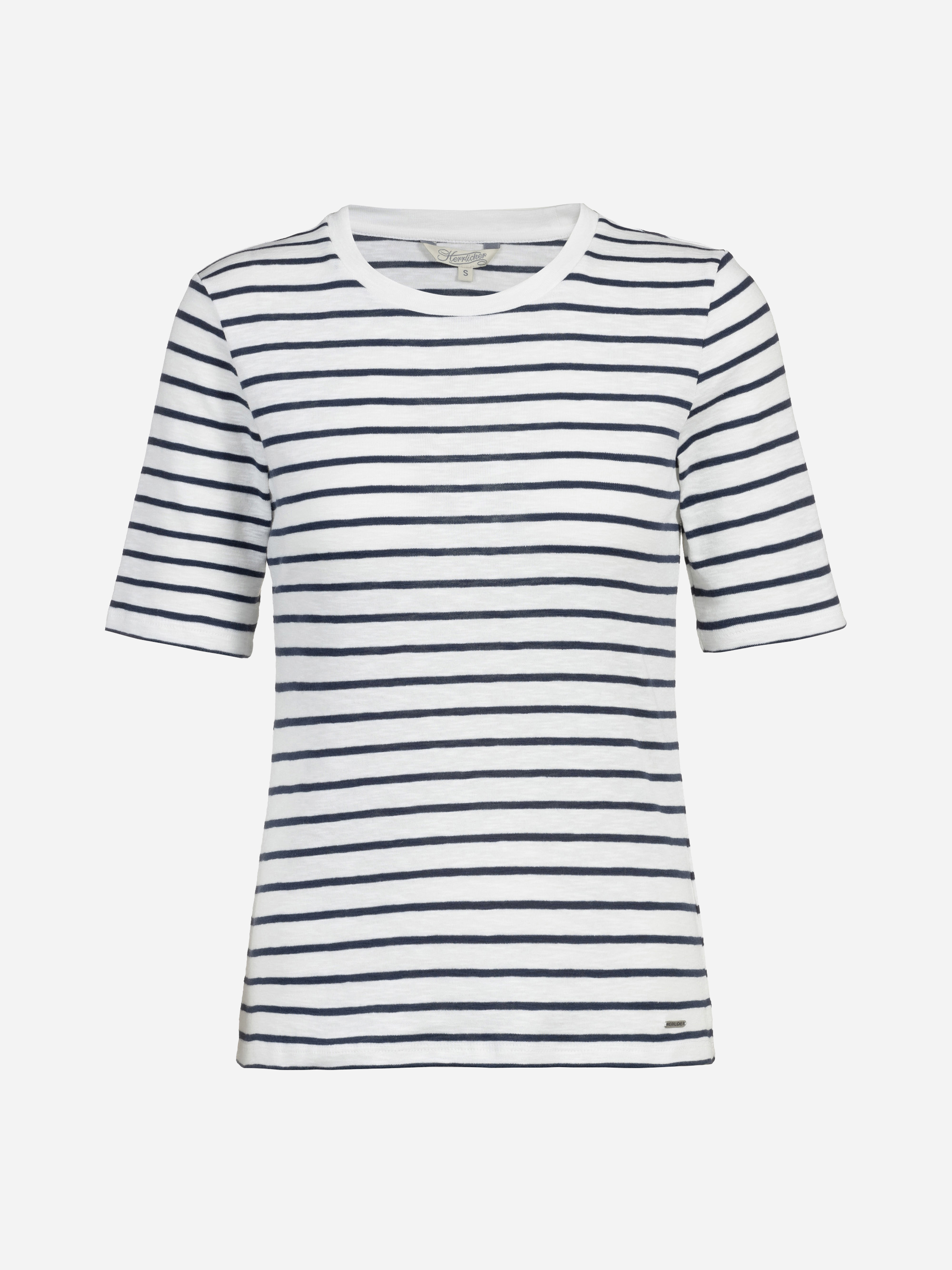 Weißes, kurzärmeliges T-Shirt mit horizontalen, marineblauen Streifen und rundem Halsausschnitt auf weißem Grund.