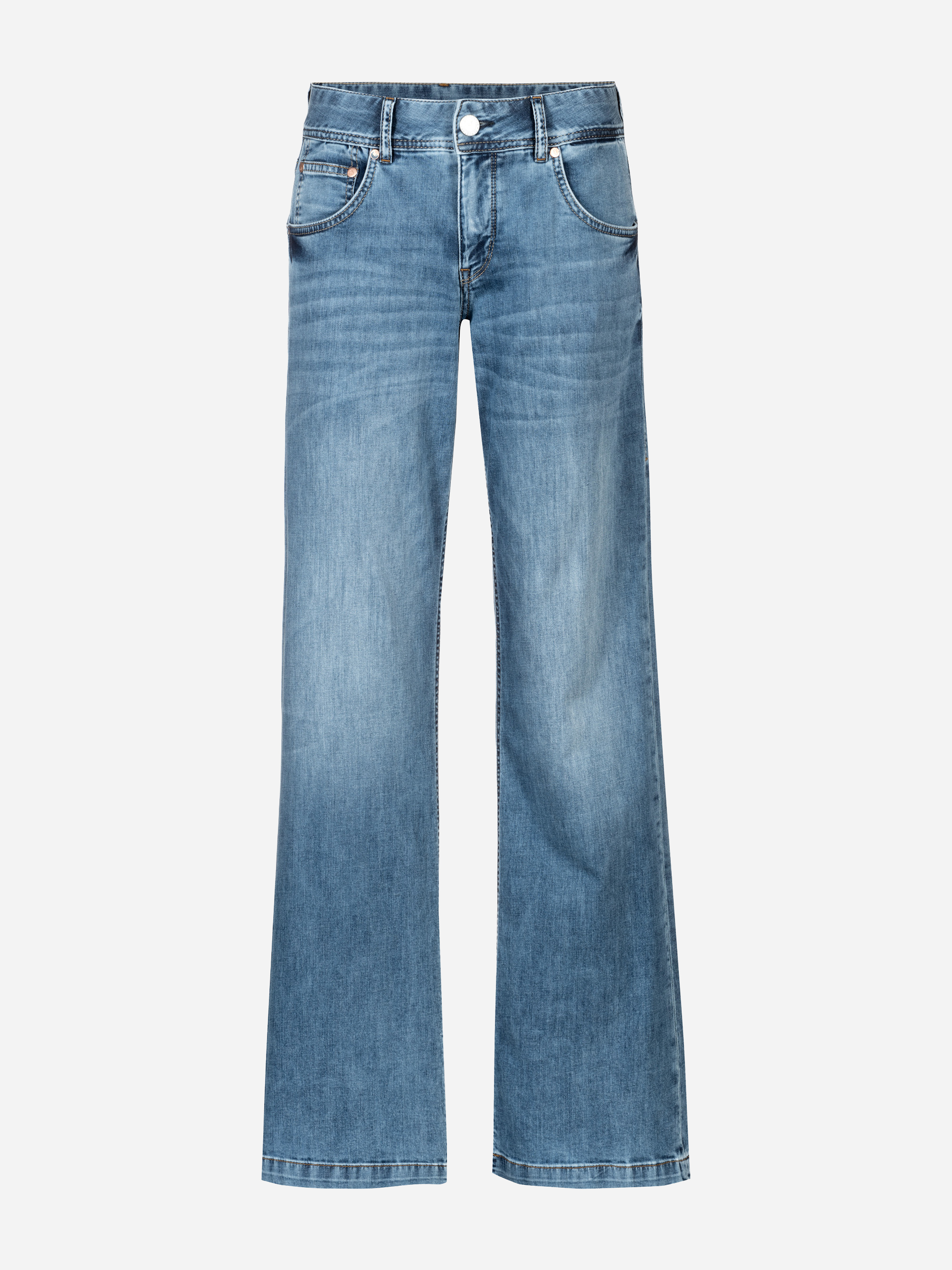 Hellblaue Jeans mit hoher Taille und weitem Bein, mit Taschen auf der Vorder- und Rückseite, einem Knopfverschluss und dezenten Ausbleichungen an den Oberschenkeln und Knien.