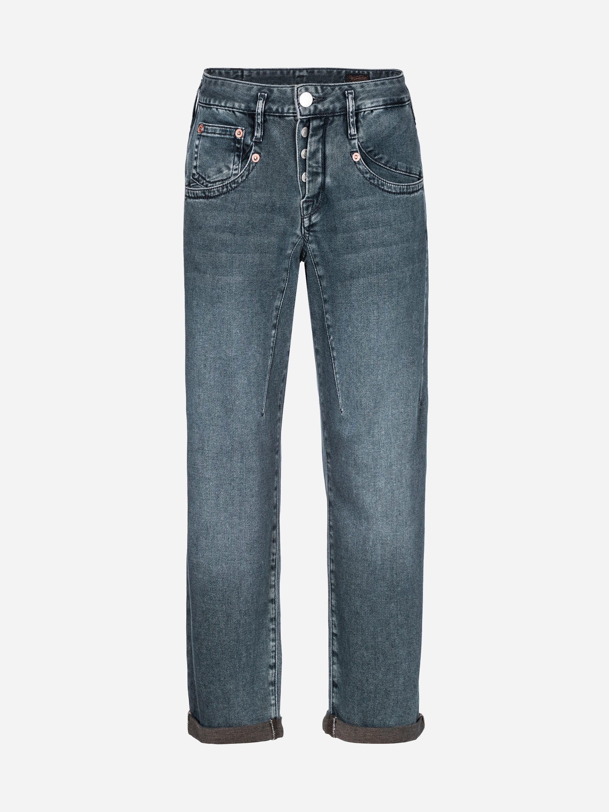 Ein Paar blaue Denim-Jeans mit hoher Taille, Vorder- und Gesäßtaschen, silbernen Knöpfen und hochgekrempelten Manschetten, dargestellt vor einem schlichten weißen Hintergrund.