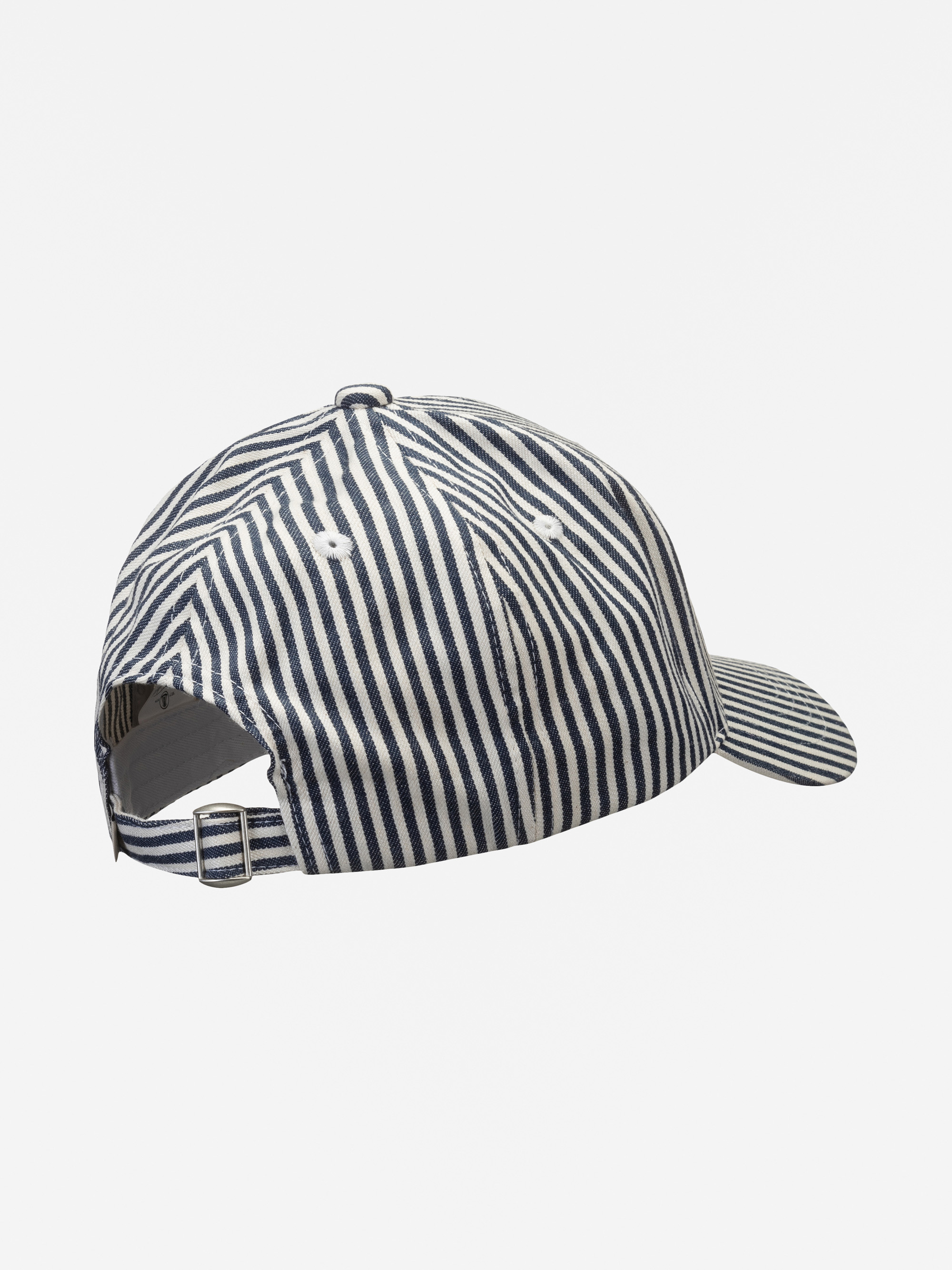 Eine blau-weiß vertikal gestreifte Baseballkappe mit verstellbarem Riemen und gebogener Krempe auf einfarbig weißem Hintergrund.