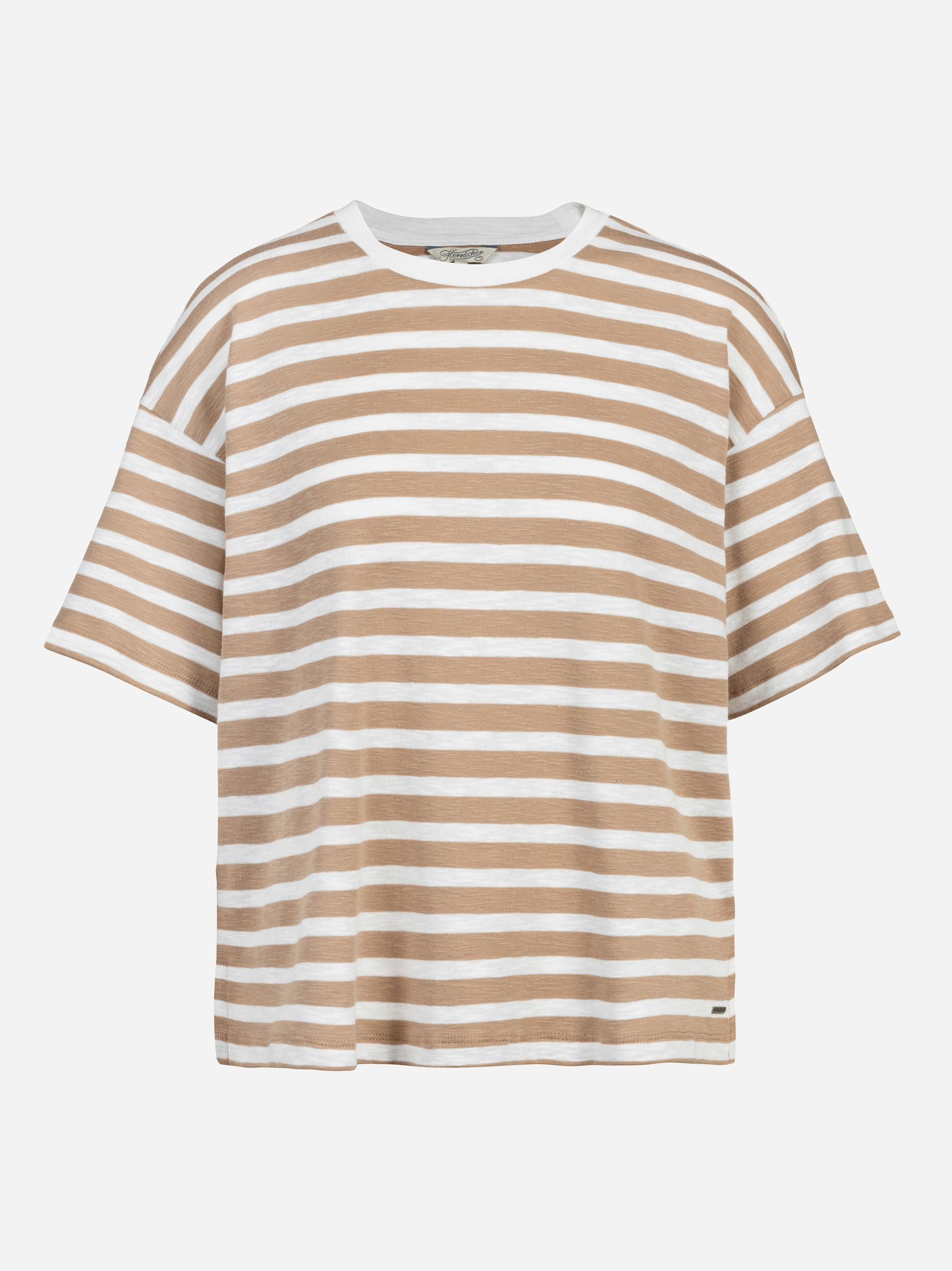 Kurzärmeliges, übergroßes T-Shirt mit horizontalen hellbraunen und weißen Streifen, Rundhalsausschnitt und lockerer Passform. Das Shirt ist auf einem schlichten weißen Hintergrund abgebildet.