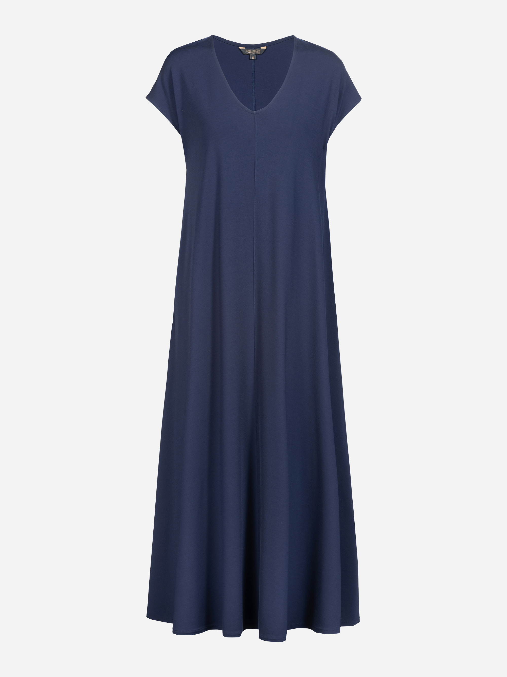 Ein marineblaues, kurzärmeliges Maxikleid mit V-Ausschnitt und einer lockeren, fließenden Silhouette auf einem einfarbig weißen Hintergrund.