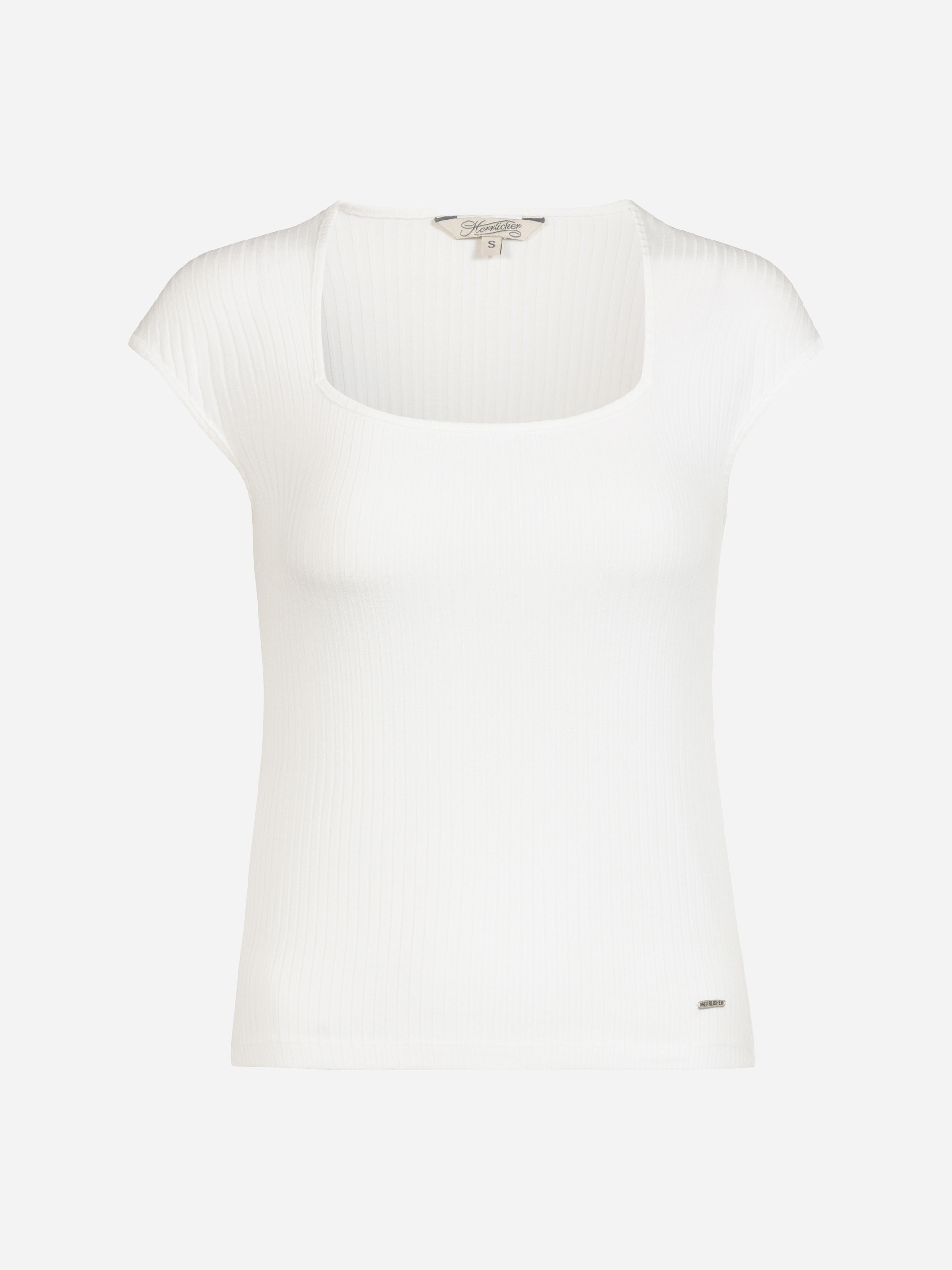 Weißes, kurzärmeliges Rippstrick-Top mit quadratischem Ausschnitt, taillierter Silhouette und einem kleinen Metall-Logo-Tag in der Nähe des Saums auf der rechten Seite. Das Shirt ist auf einem einfarbig weißen Hintergrund abgebildet.