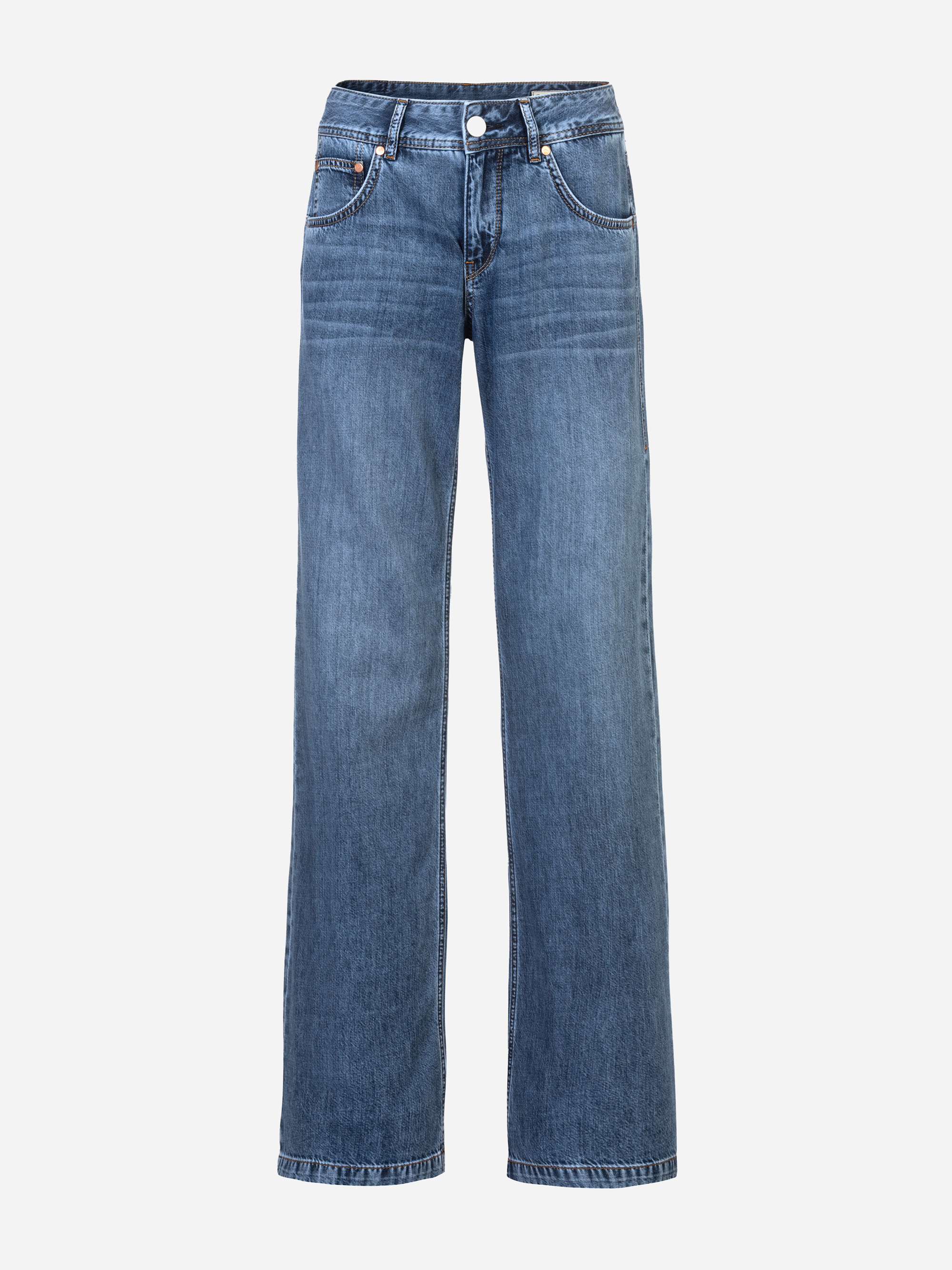 Ein Paar klassisch blaue Denim-Jeans mit geradem Bein, Vorder- und Gesäßtaschen, Gürtelschlaufen und einem Knopfverschluss. Die Jeans hat eine leicht verblasste Waschung und sichtbare Nähte.