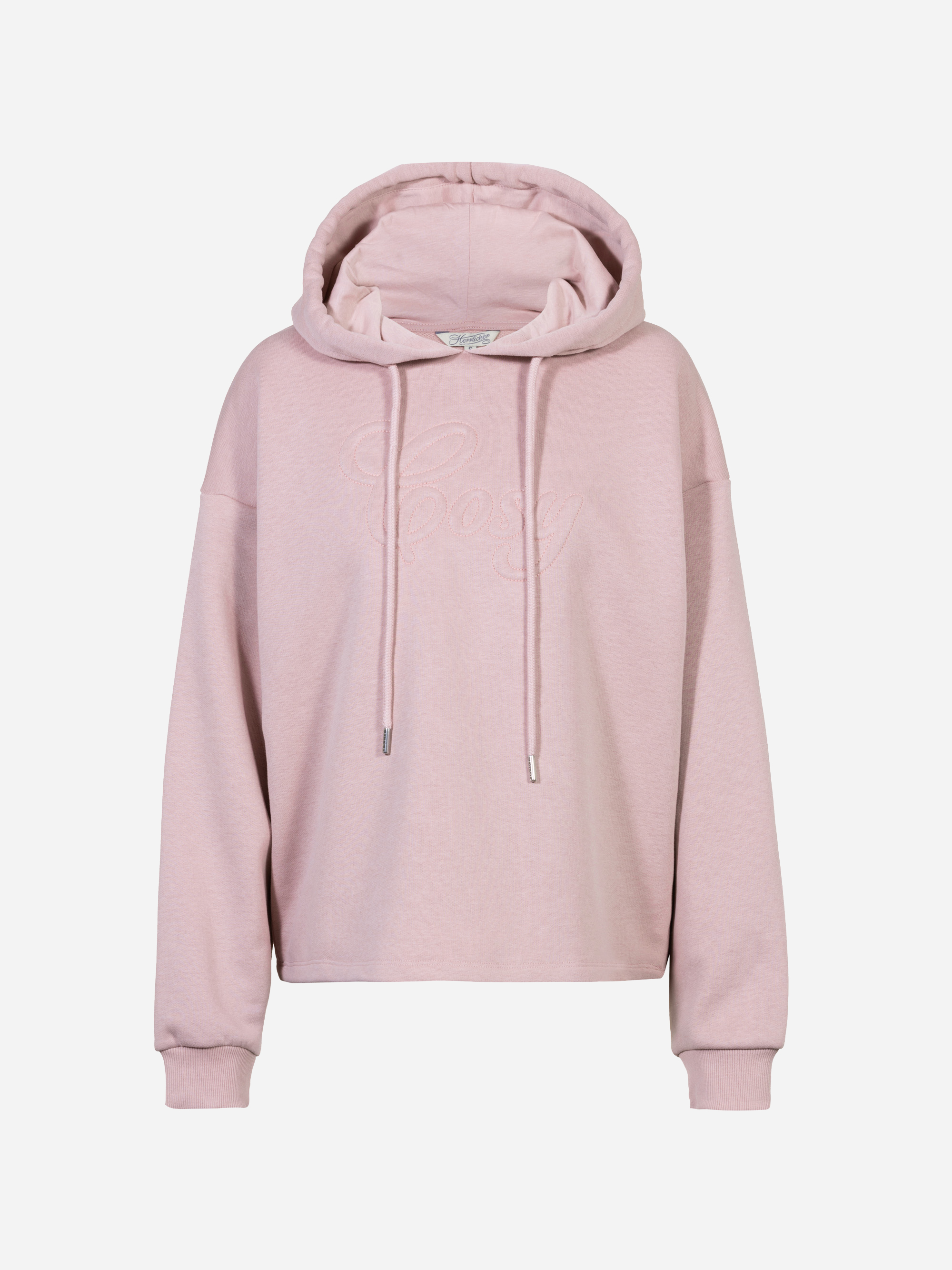 Hellrosa Kapuzensweatshirt mit langen Ärmeln, gerippten Bündchen und Saum, Kordelzug an der Kapuze und dem aufgestickten Wort Cosy auf der Vorderseite. Der Hintergrund ist einfarbig weiß.