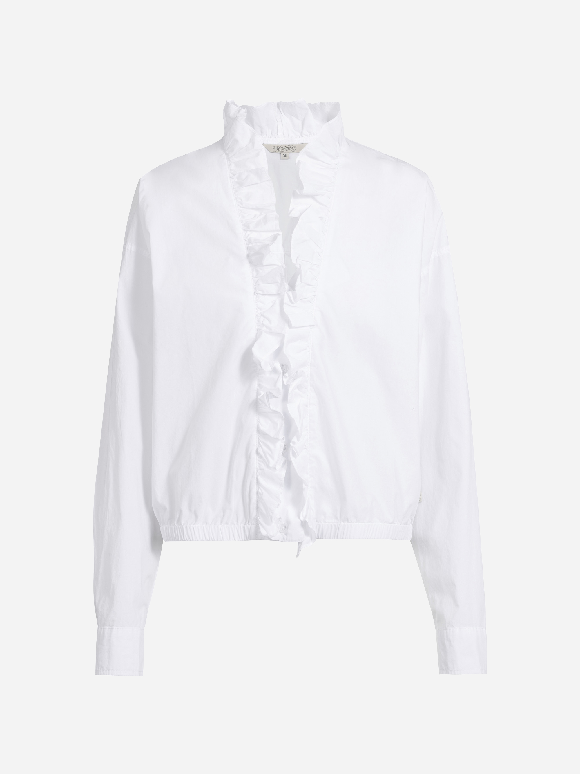 Weiße, langärmelige Bluse mit gerafftem V-Ausschnitt, Rüschendetails auf der Vorderseite und einem elastischen Bund. Die Bluse hat ein frisches, sauberes Aussehen und einfache geknöpfte Manschetten.