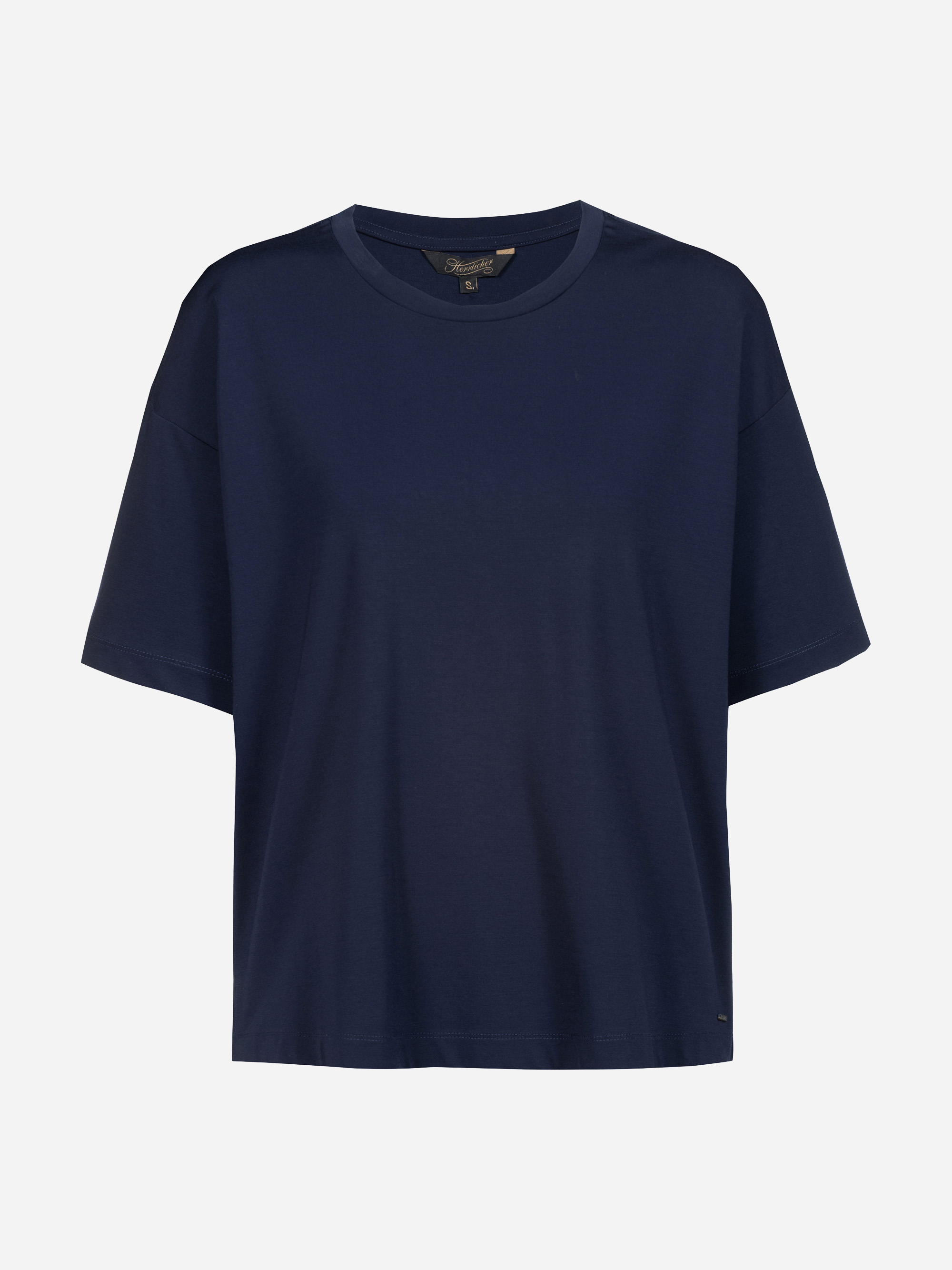 Ein schlichtes, marineblaues, kurzärmeliges T-Shirt mit Rundhalsausschnitt auf weißem Hintergrund.