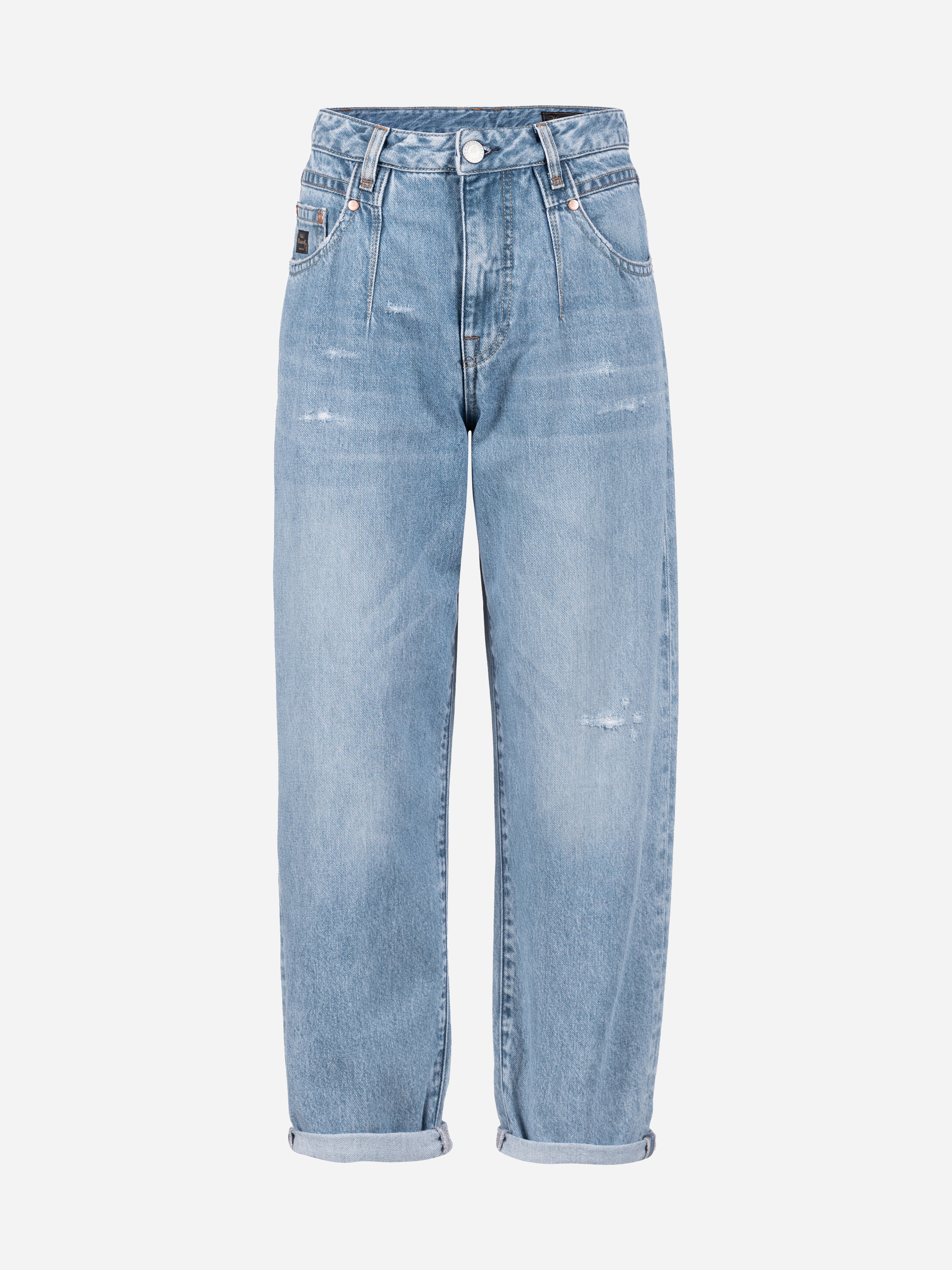 Hellblaue High-Waisted-Jeans mit umgeschlagenem Bund, Knopf- und Reißverschluss, Vorder- und Gesäßtaschen, dezenten Distressed-Details und aufgerollten Bündchen.