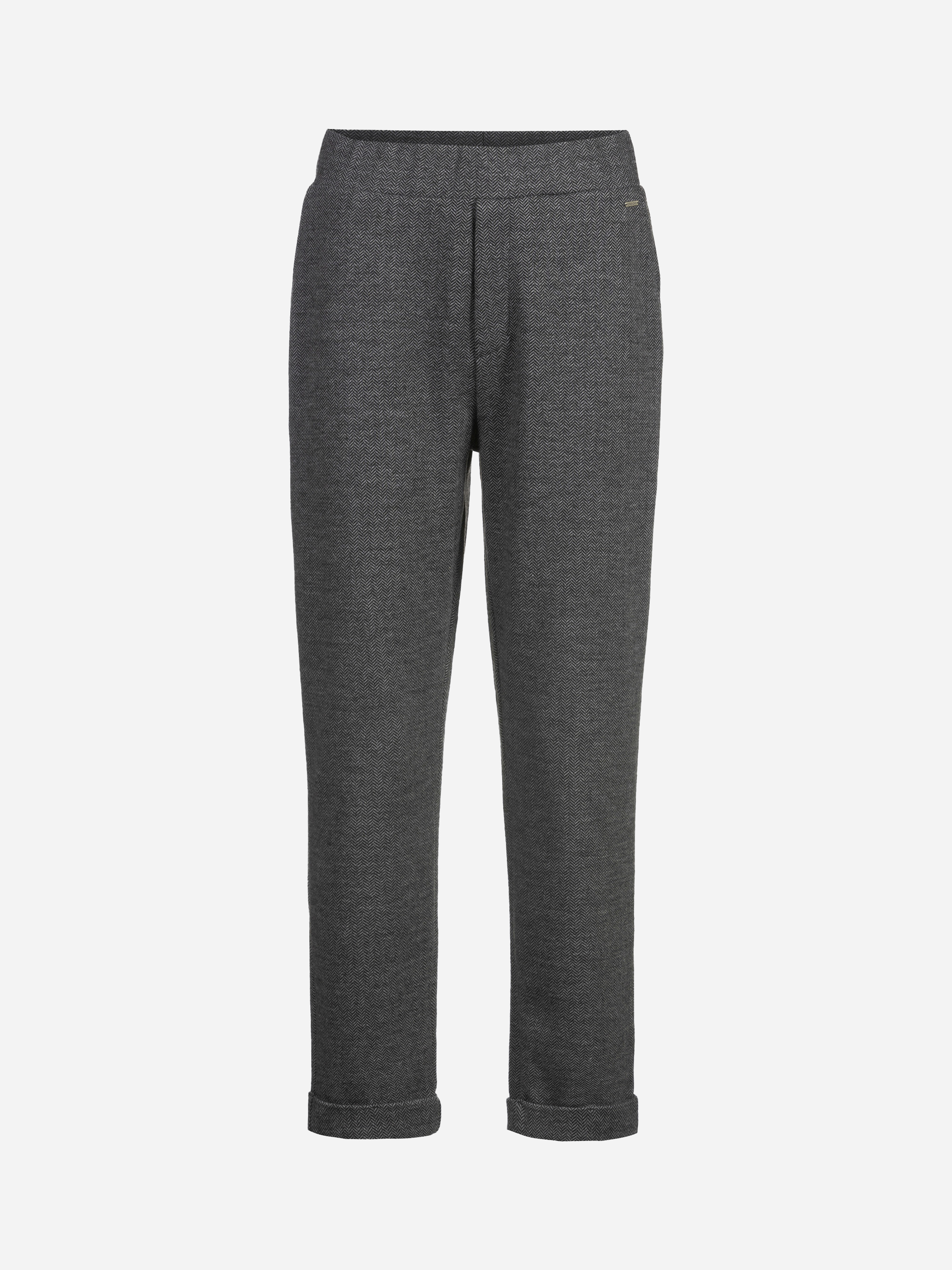 Graue Hose mit geradem Bein und dezenter Struktur, mit taillierter Passform, Bügelfalte vorne und aufgerollten Manschetten auf einfarbig weißem Hintergrund.
