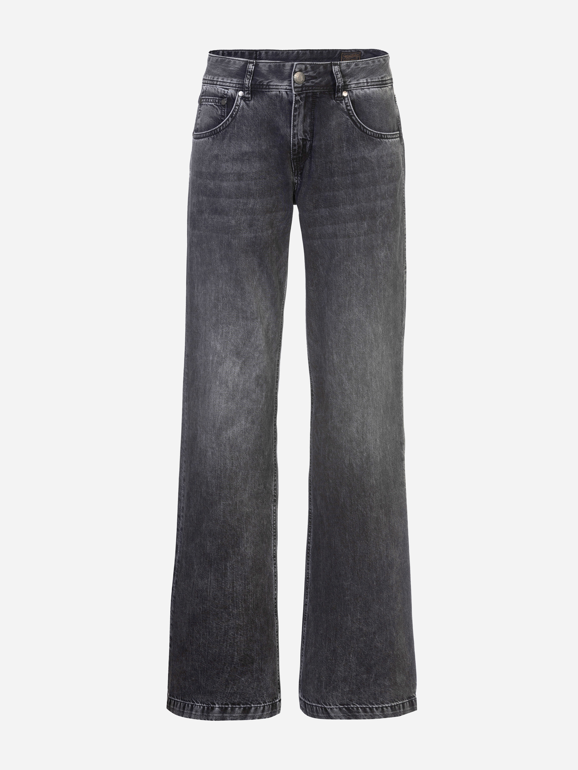 Schwarze Jeans mit hoher Taille und weitem Bein, verblichenen Details, Vorder- und Gesäßtaschen und einem Hosenschlitz mit Knopf, dargestellt auf einem einfarbig weißen Hintergrund.
