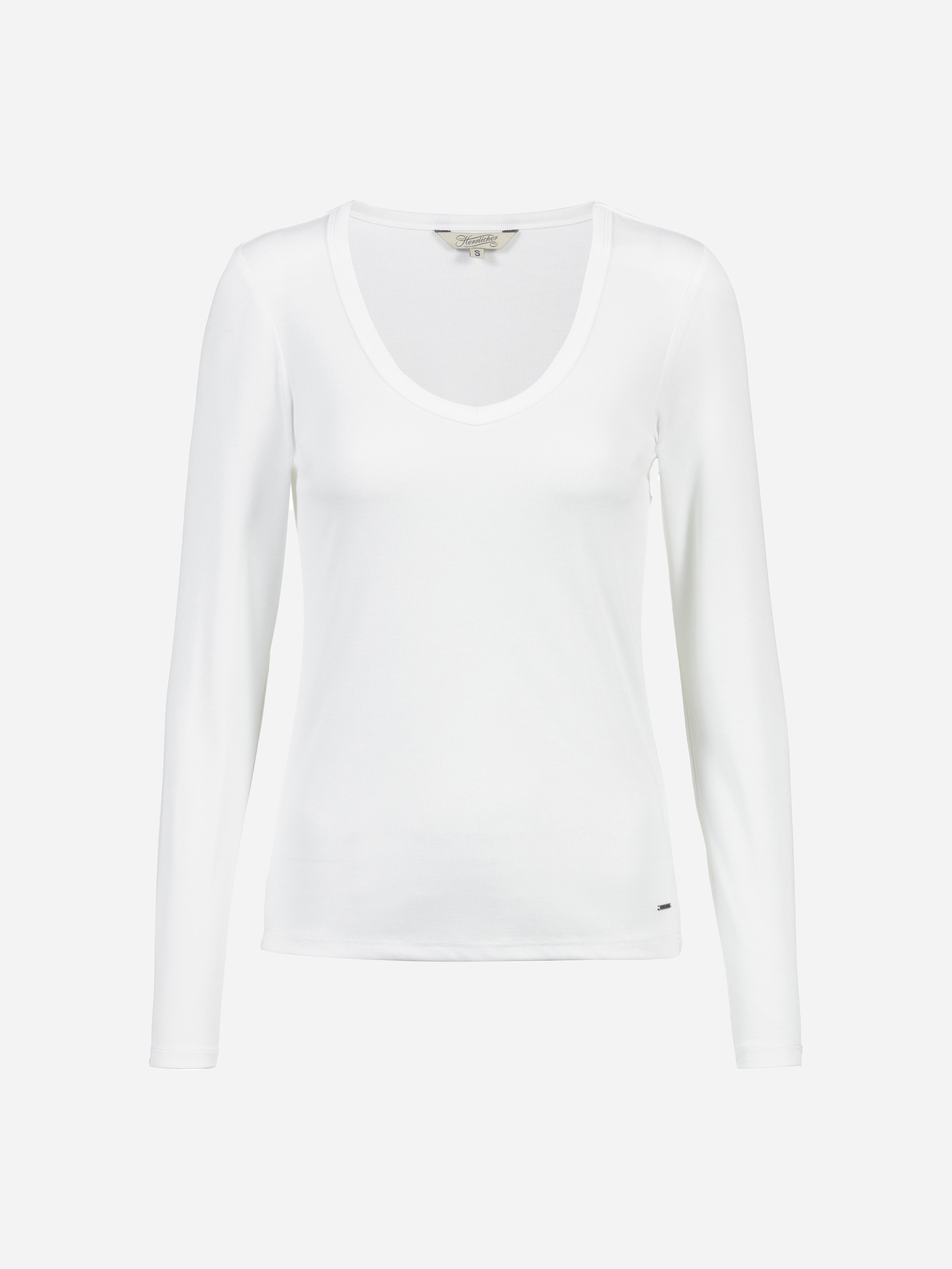 Ein schlichtes weißes, langärmeliges T-Shirt mit Rundhalsausschnitt auf weißem Hintergrund. Das Shirt hat ein einfaches, tailliertes Design ohne sichtbare Muster oder Grafiken.