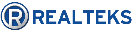 Logo mit einem großen blauen Buchstaben R innerhalb eines silbernen und blauen Kreises, neben dem Wort REALTEKS in fetten blauen Großbuchstaben auf hellem Hintergrund.