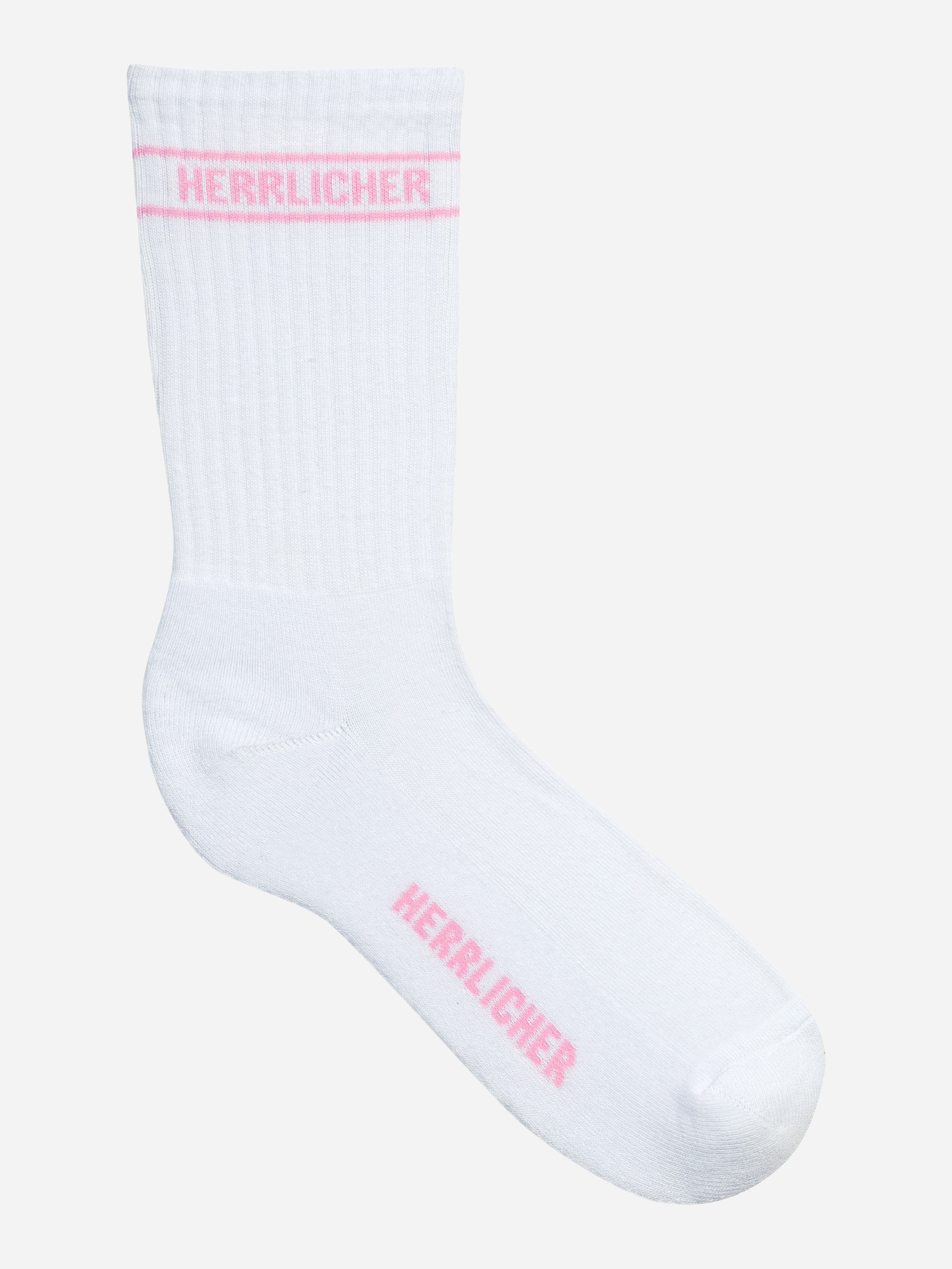 Weiße Socken mit zwei rosafarbenen Streifen und dem Wort HERRLICHER in rosafarbener Schrift am oberen Rand und an der Seite des Fußes. Die Socke ist vor einem schlichten, hellen Hintergrund abgebildet.