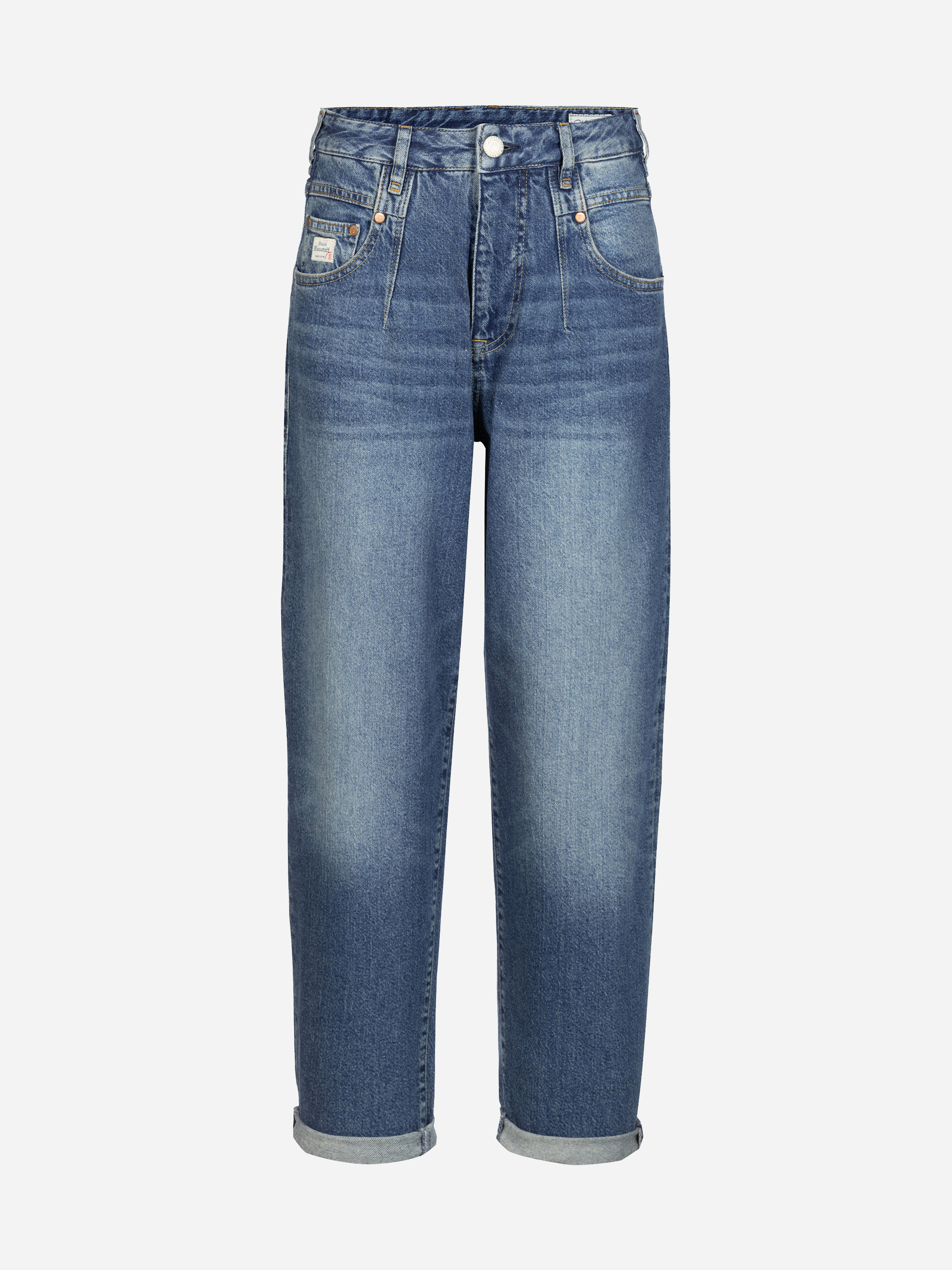 Blaue Jeans mit hoher Taille und geradem Bein, mit gekrempelten Bündchen, Vorder- und Gesäßtaschen, einem Knopf- und Reißverschluss und dezenten verblichenen Details an den Oberschenkeln.