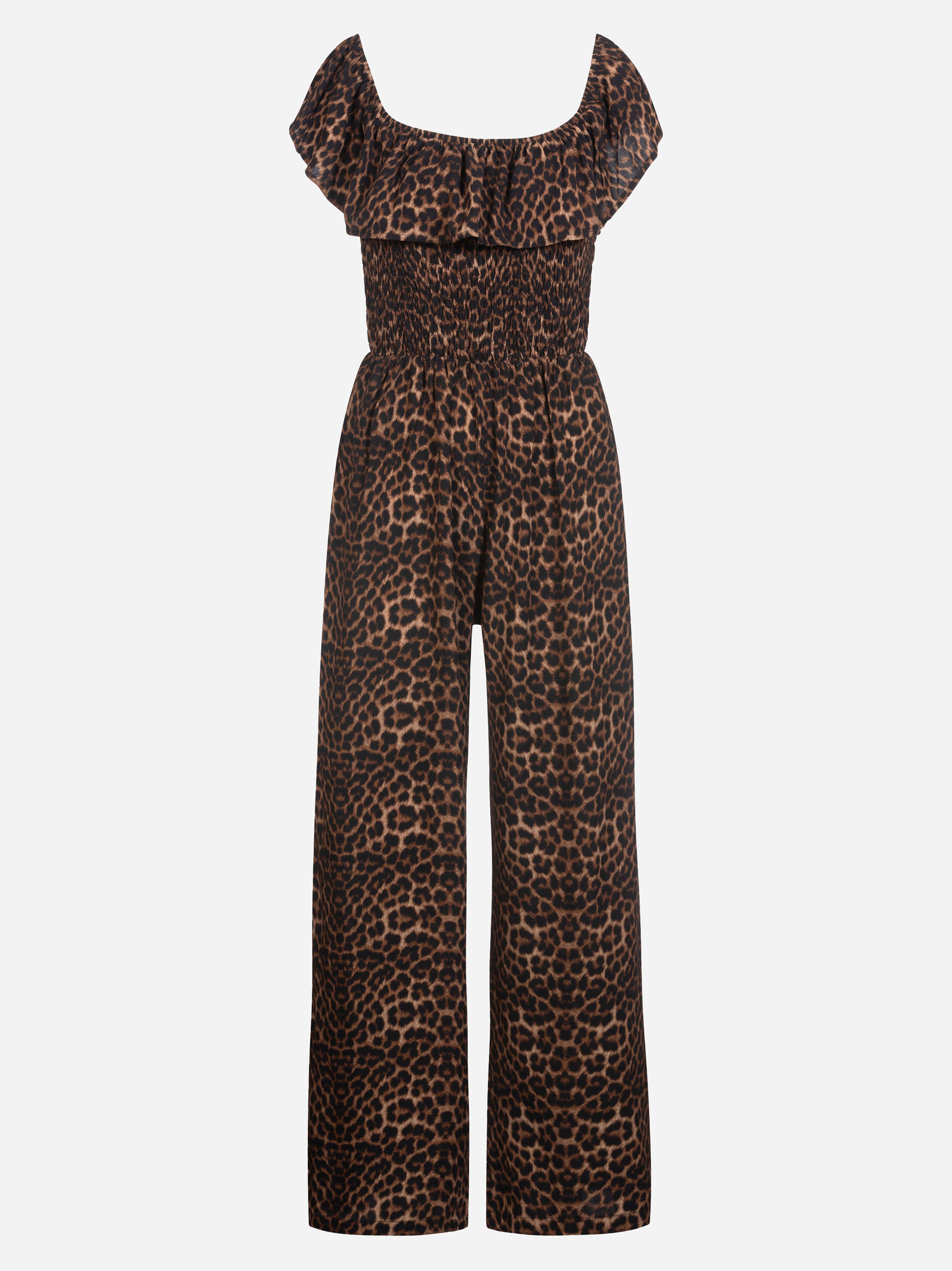 Brauner und schwarzer Jumpsuit mit Leopardenmuster, weitem Bein, elastischer Taille und kurzen Rüschenärmeln auf weißem Hintergrund.