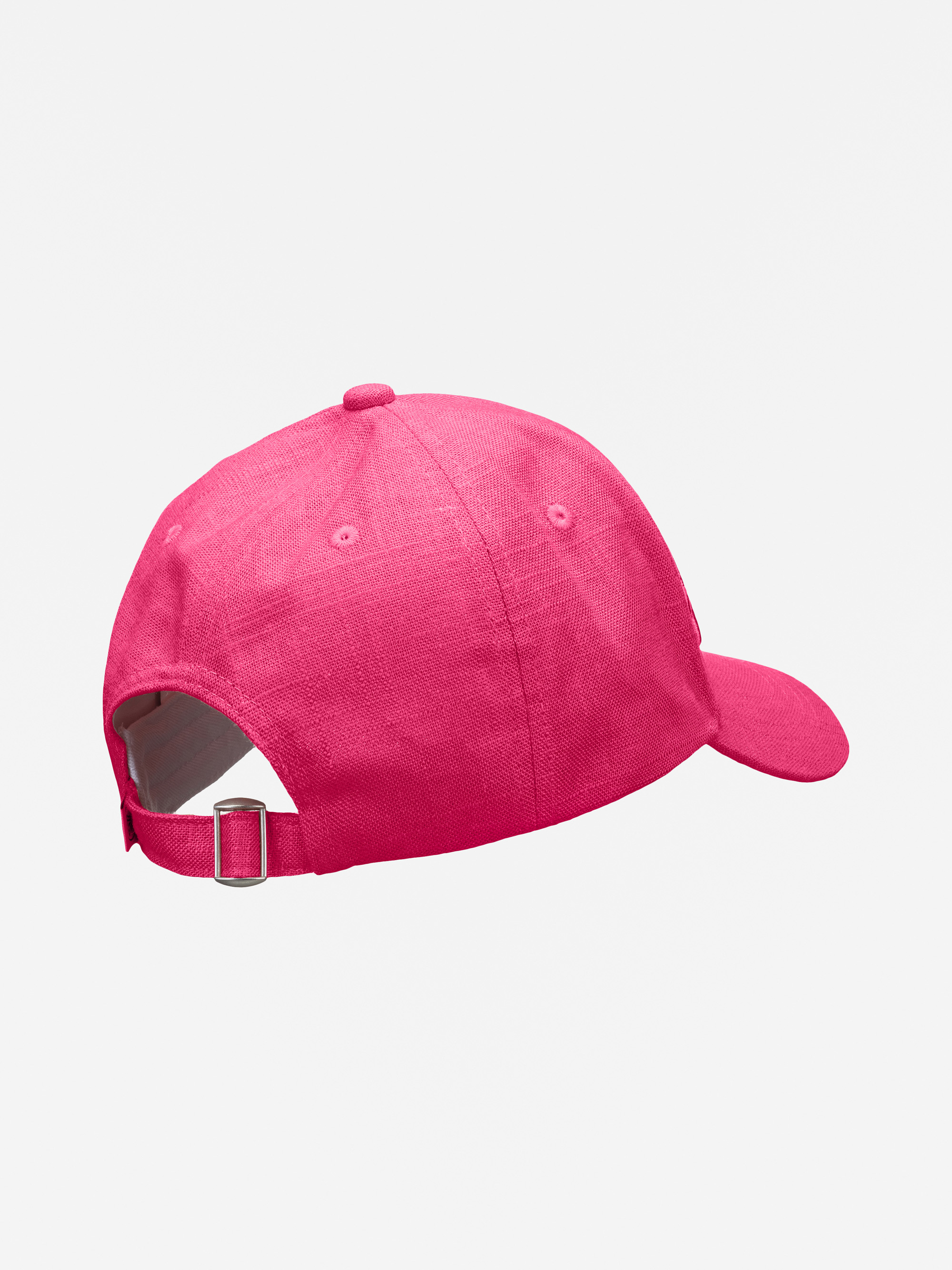 Eine leuchtend rosafarbene Baseballmütze, von hinten gesehen, mit einem verstellbaren Riemen mit Metallschnalle und Belüftungsösen. Die Kappe ist auf einem schlichten weißen Hintergrund abgebildet.