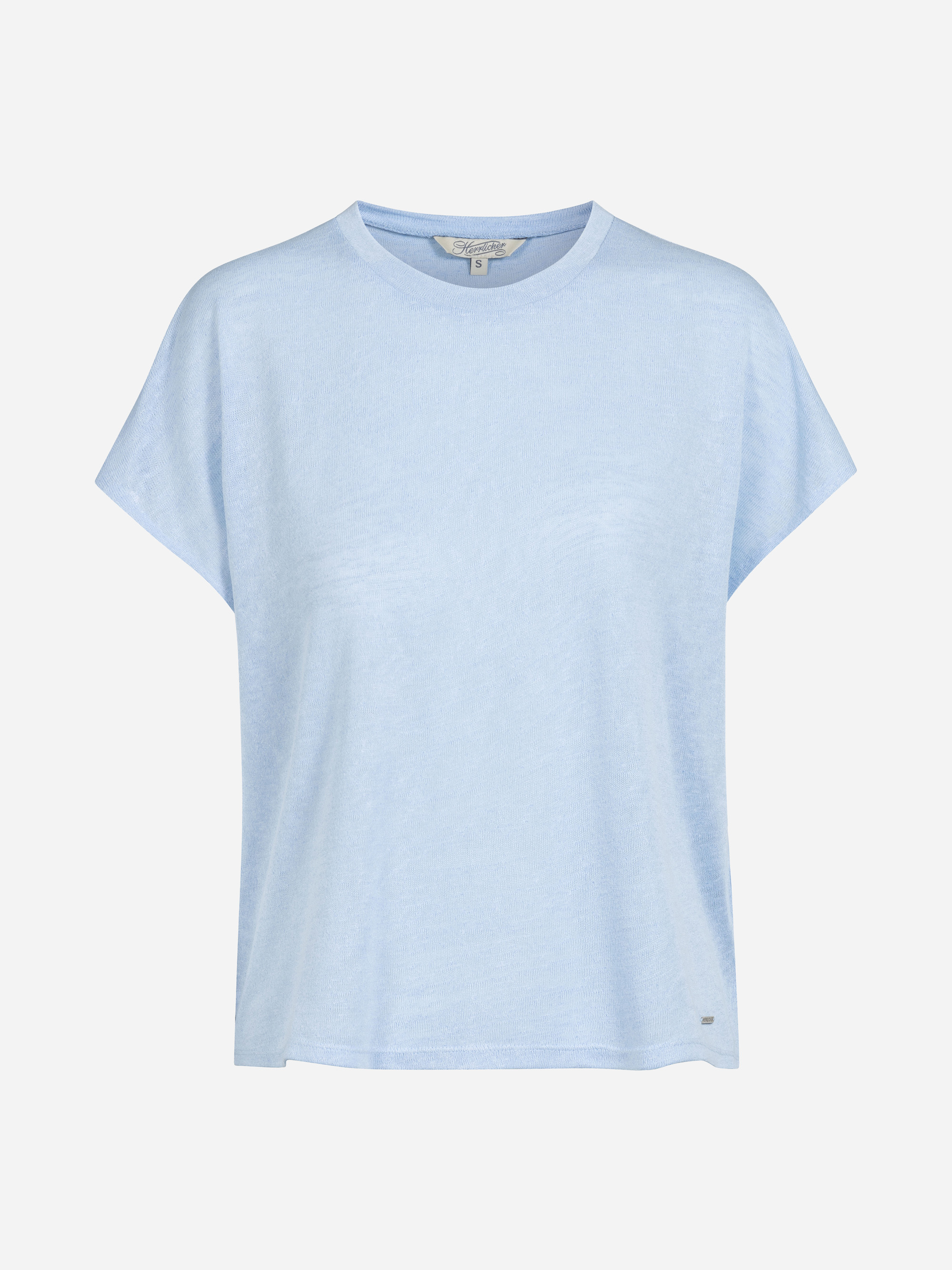 Ein schlichtes, hellblaues, kurzärmeliges T-Shirt mit Rundhalsausschnitt auf weißem Hintergrund.
