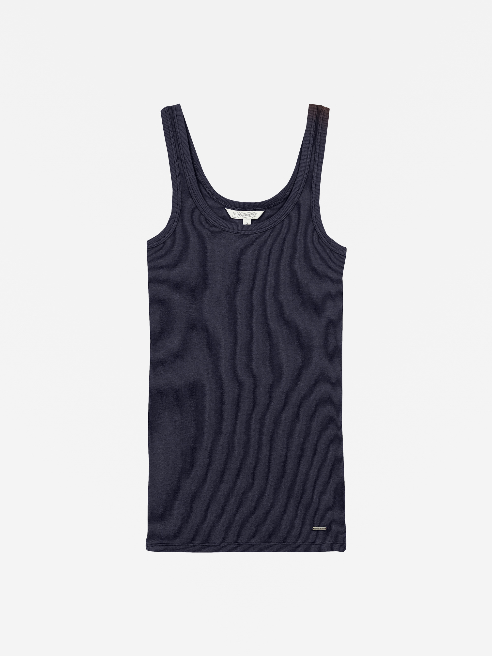 Ein ärmelloses, marineblaues Tank-Top mit Rundhalsausschnitt, flach auf weißem Hintergrund.