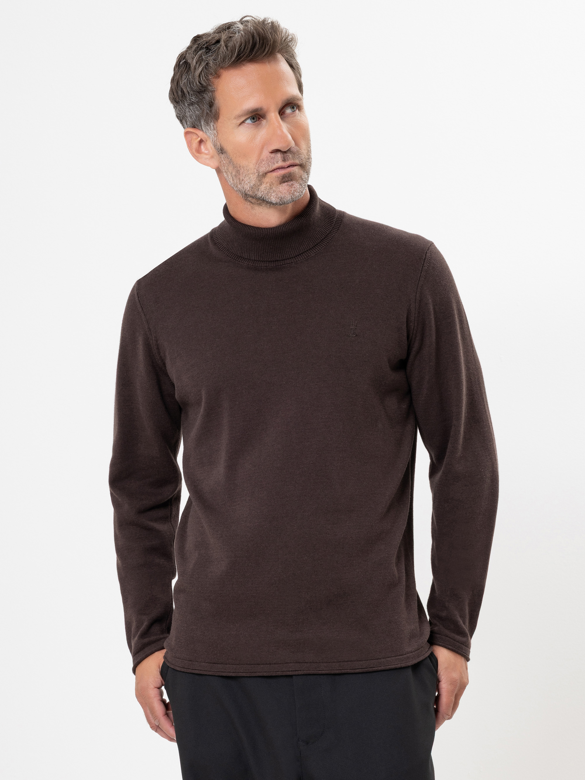 Ein Mann mit kurzen, gewellten braunen Haaren und einem Bart trägt einen langärmeligen, braunen Rollkragenpullover und eine schwarze Hose und steht vor einem schlichten weißen Hintergrund.