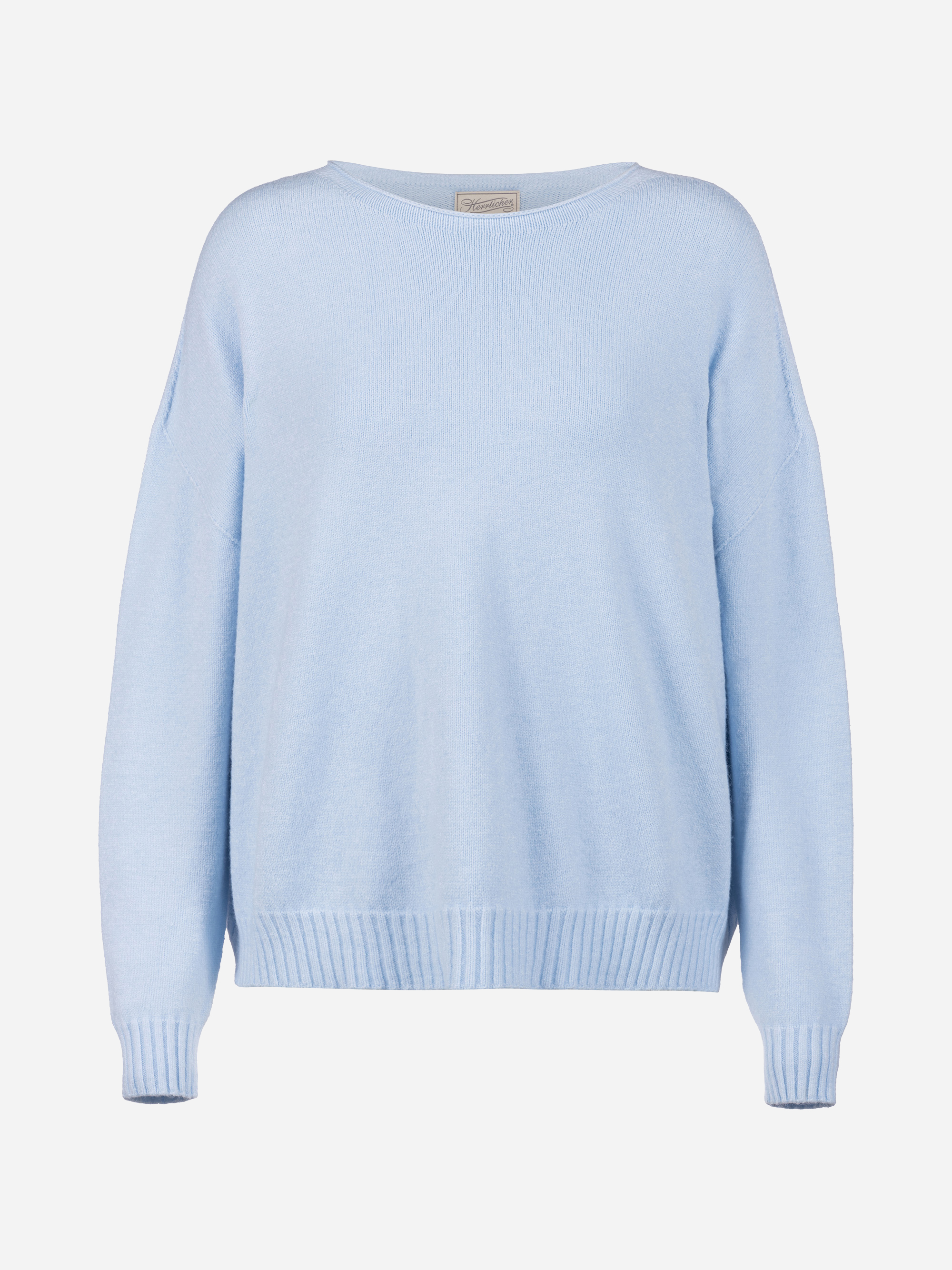 Hellblauer, langärmeliger Pullover mit Rundhalsausschnitt, gerippten Bündchen, Saum und Kragen auf weißem Hintergrund.