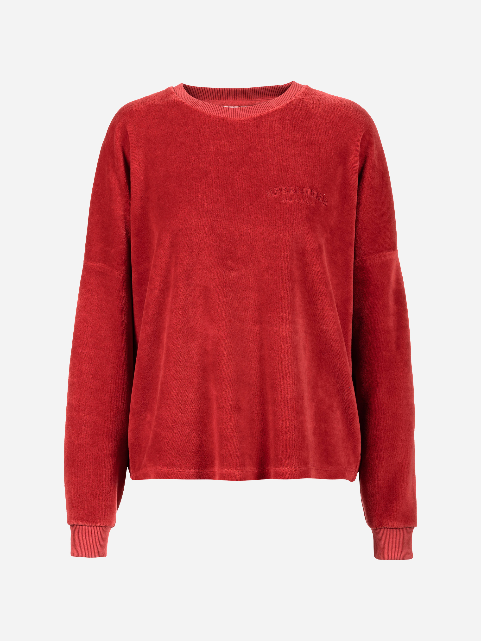 Ein langärmeliges, locker sitzendes rotes Velours-Sweatshirt mit gerippten Bündchen und Kragen auf einfarbig weißem Hintergrund.