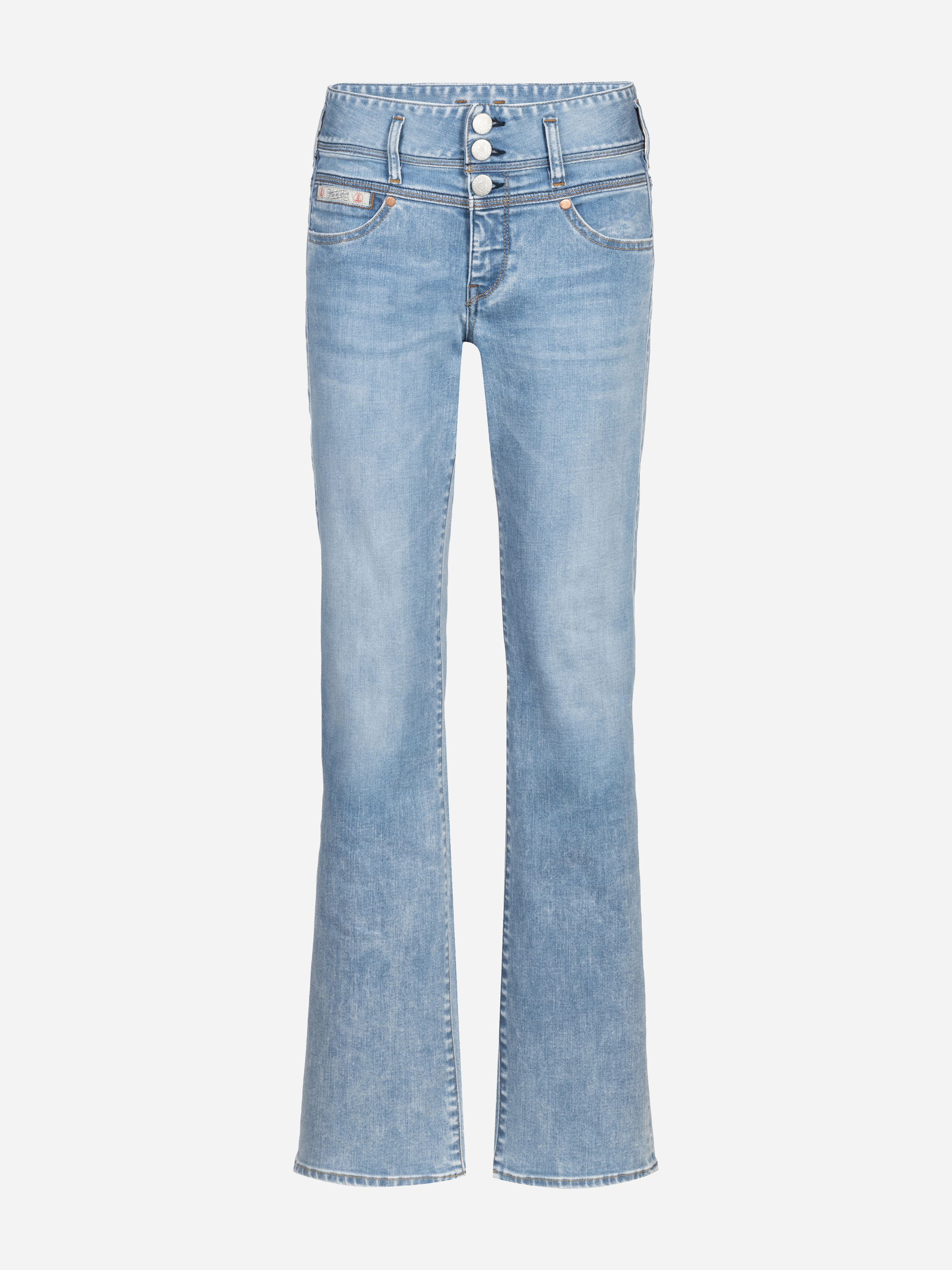 Hellblaue Bootcut-Jeans mit hoher Taille, Fading auf der Vorderseite, drei silbernen Knöpfen, Vorder- und Gesäßtaschen und dezenten Nähten.