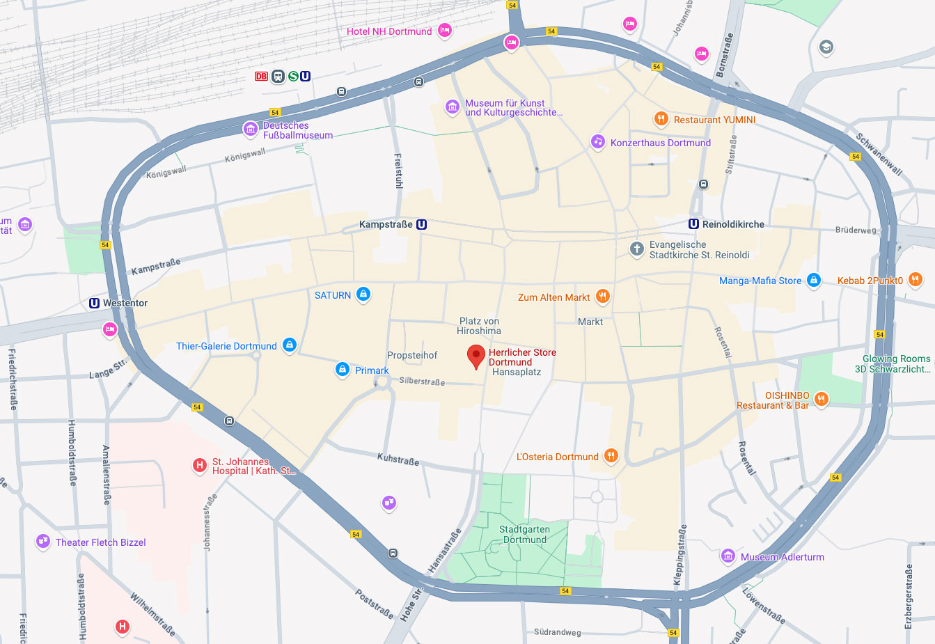 Eine Karte der Dortmunder Innenstadt mit den wichtigsten Straßen, Sehenswürdigkeiten, Einkaufszentren, Restaurants, Museen, Parks und Haltestellen des öffentlichen Nahverkehrs innerhalb des Stadtrings. Die wichtigsten Orte und Symbole sind deutlich mar