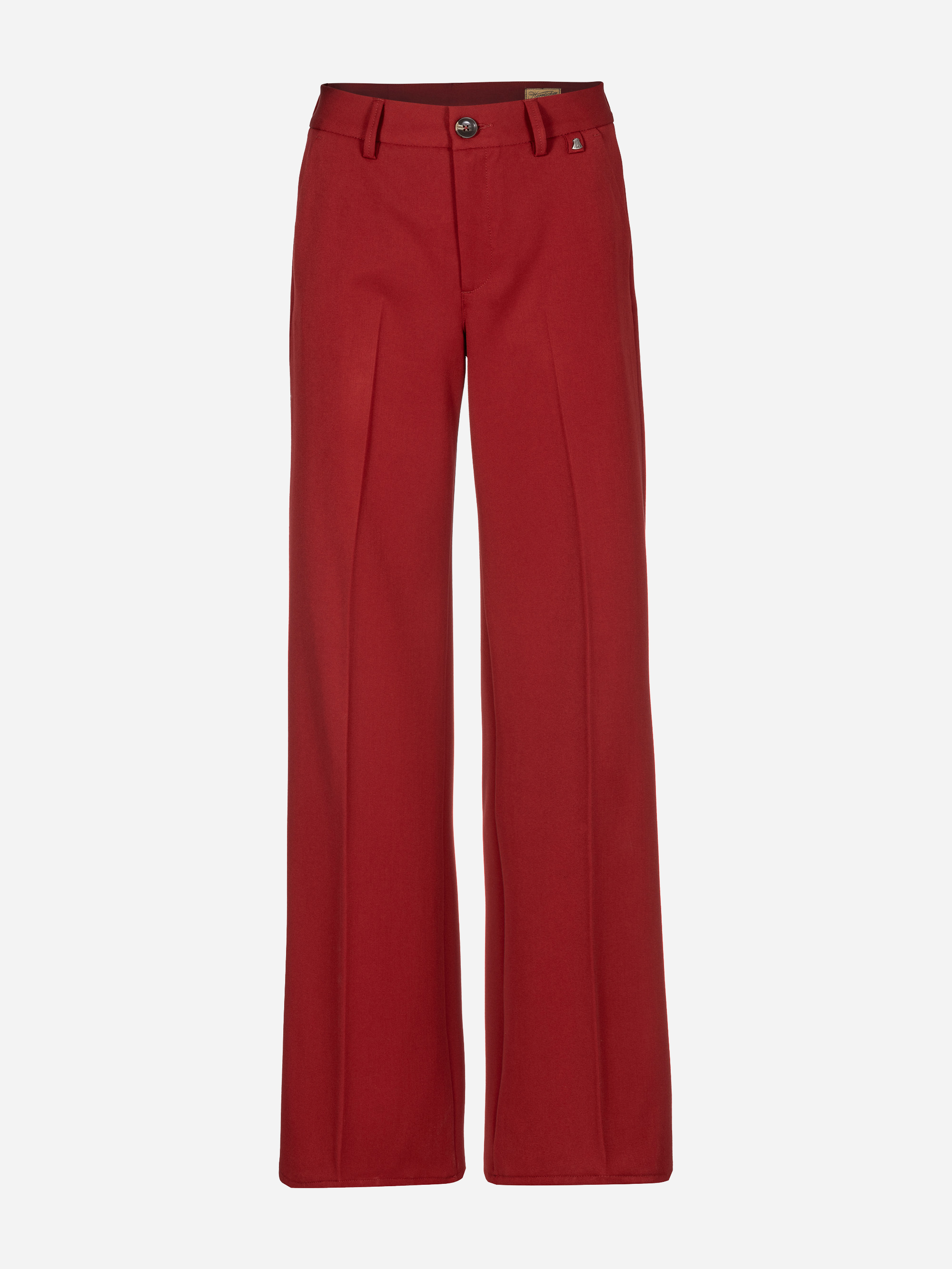 Rote Anzughose mit hoher Taille, Gürtelschlaufen, Knopf und Reißverschluss vorne und weiten Beinen. Die Hose ist mit einer Naht an der Vorderseite jedes Beins zugeschnitten und wird vor einem schlichten weißen Hintergrund gezeigt.