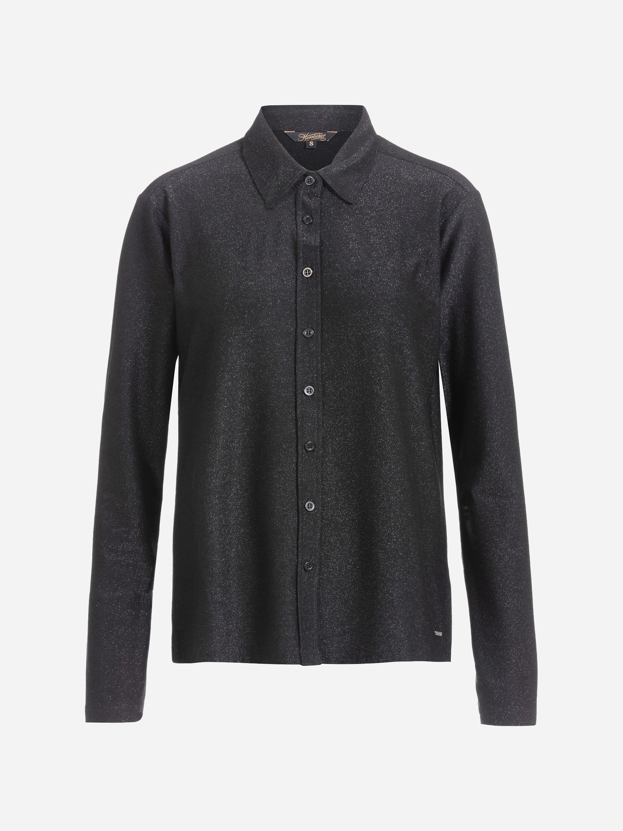 Ein langärmeliges, schwarzes Button-up-Hemd mit dezentem Schimmer, klassischem Kragen und normaler Passform, das sich auf einem schlichten weißen Hintergrund präsentiert.