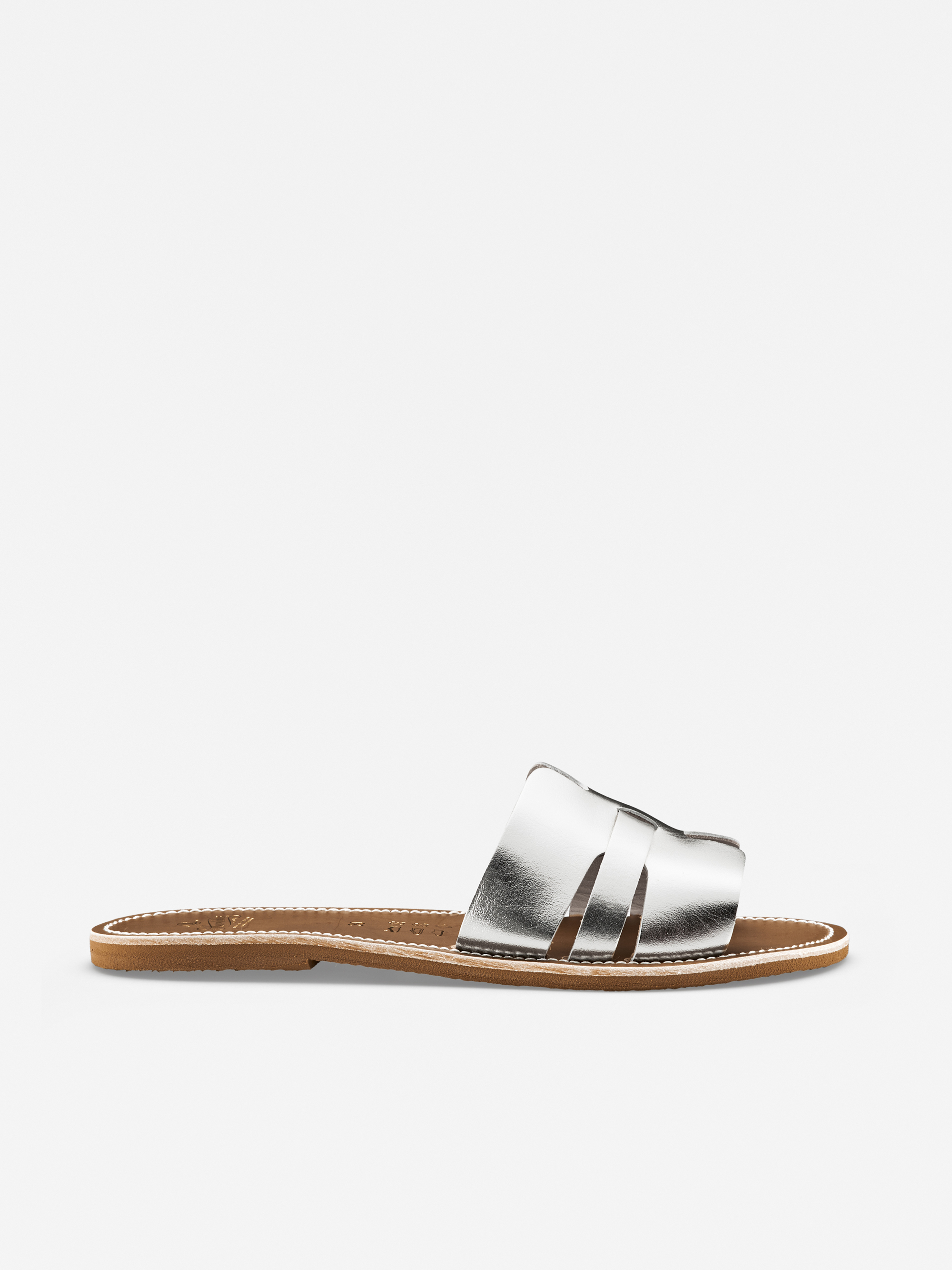 Eine flache Sandale mit brauner Sohle und silberfarbenen Metallic-Lederriemen, in der Seitenansicht auf weißem Hintergrund dargestellt.