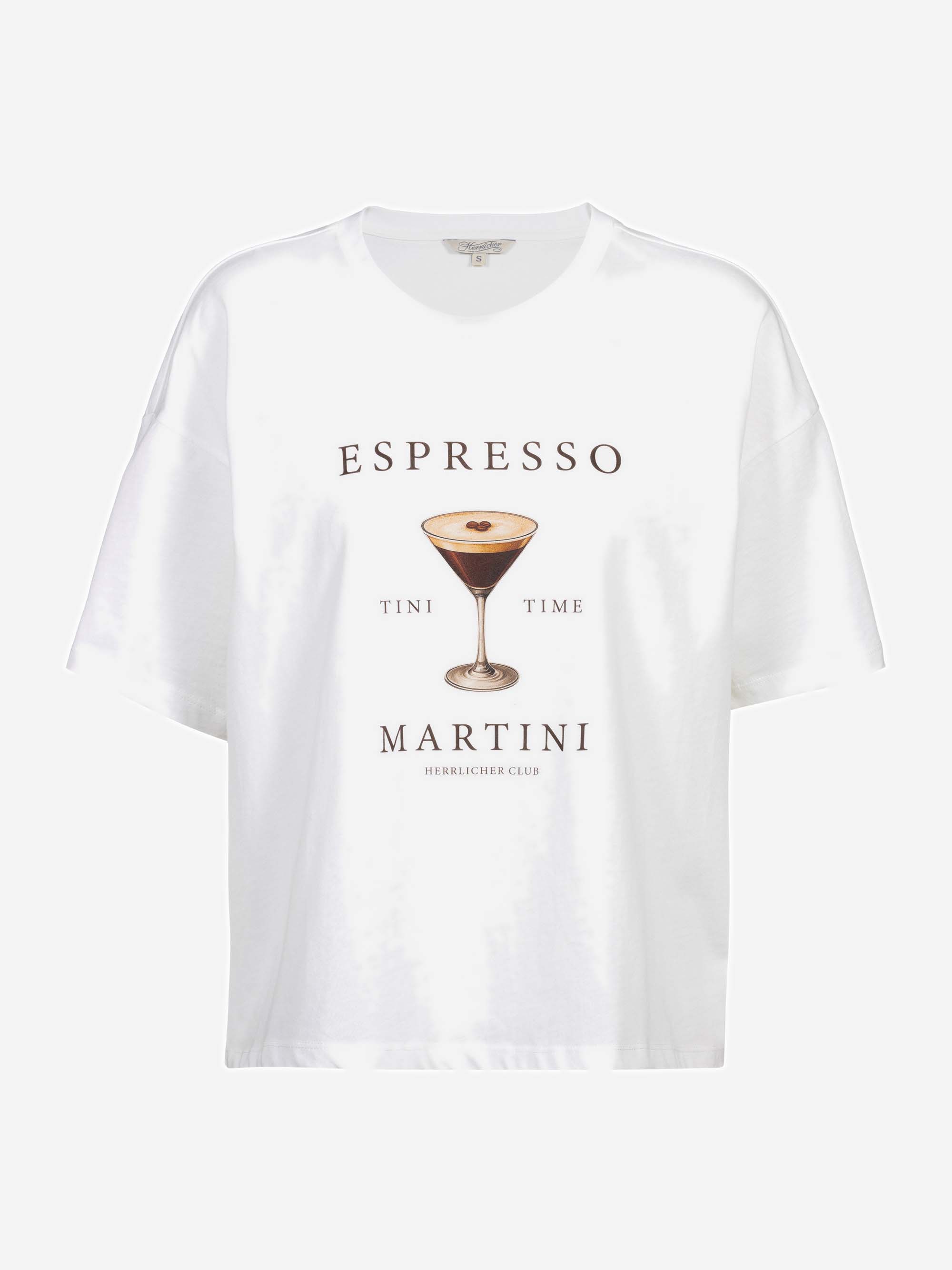 Ein weißes T-Shirt in Übergröße mit der Grafik eines Espresso-Martini-Glases und den Worten Espresso Martini und Tini Time auf der Vorderseite.