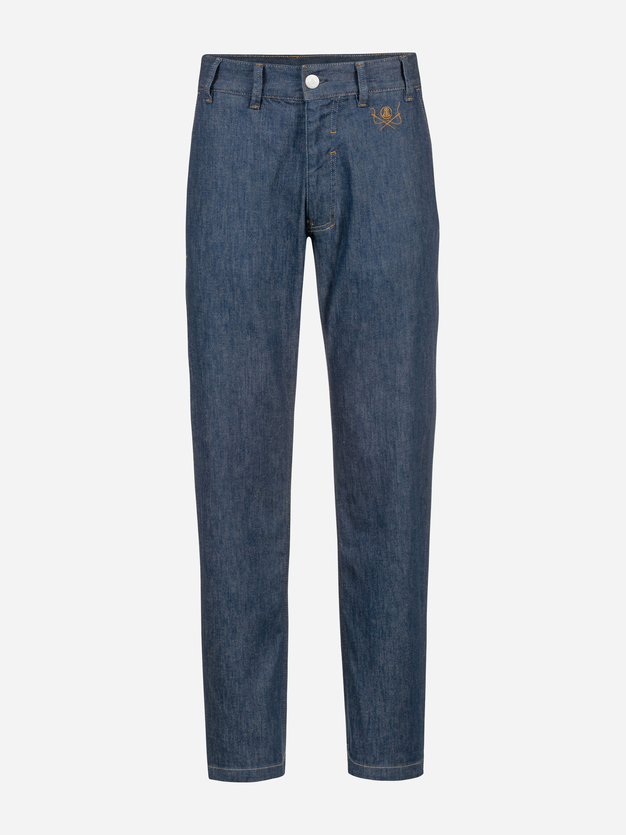 Blaue Denim-Jeans mit geradem Bein, Knopf- und Reißverschluss, Gürtelschlaufen, Vorder- und Gesäßtaschen und einer kleinen Goldstickerei über der rechten Vordertasche.