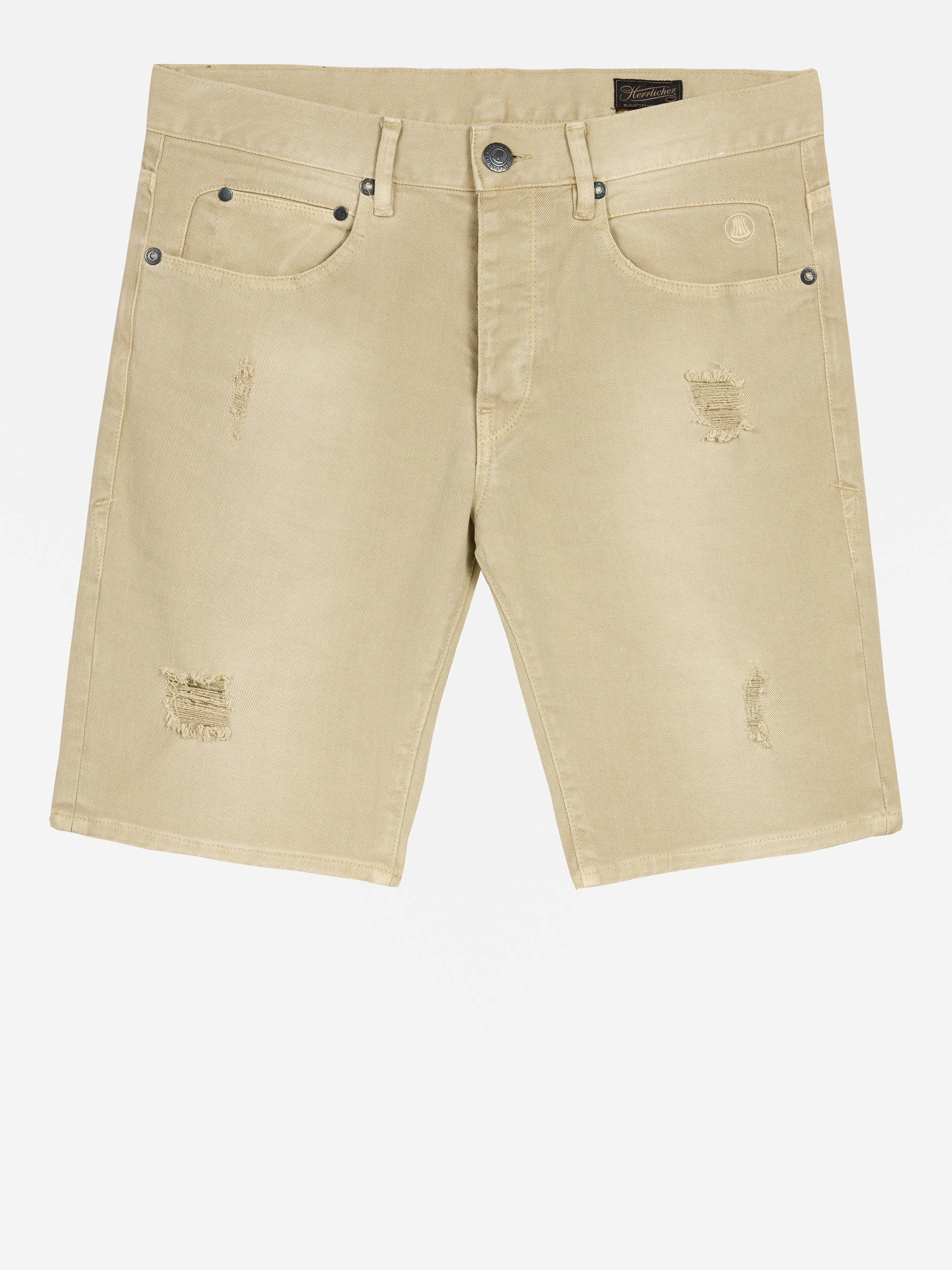 Beigefarbene Denim-Shorts mit Knopf- und Reißverschluss, fünf Taschen und Used-Details auf der Vorderseite. Die Shorts sehen lässig und abgenutzt aus.