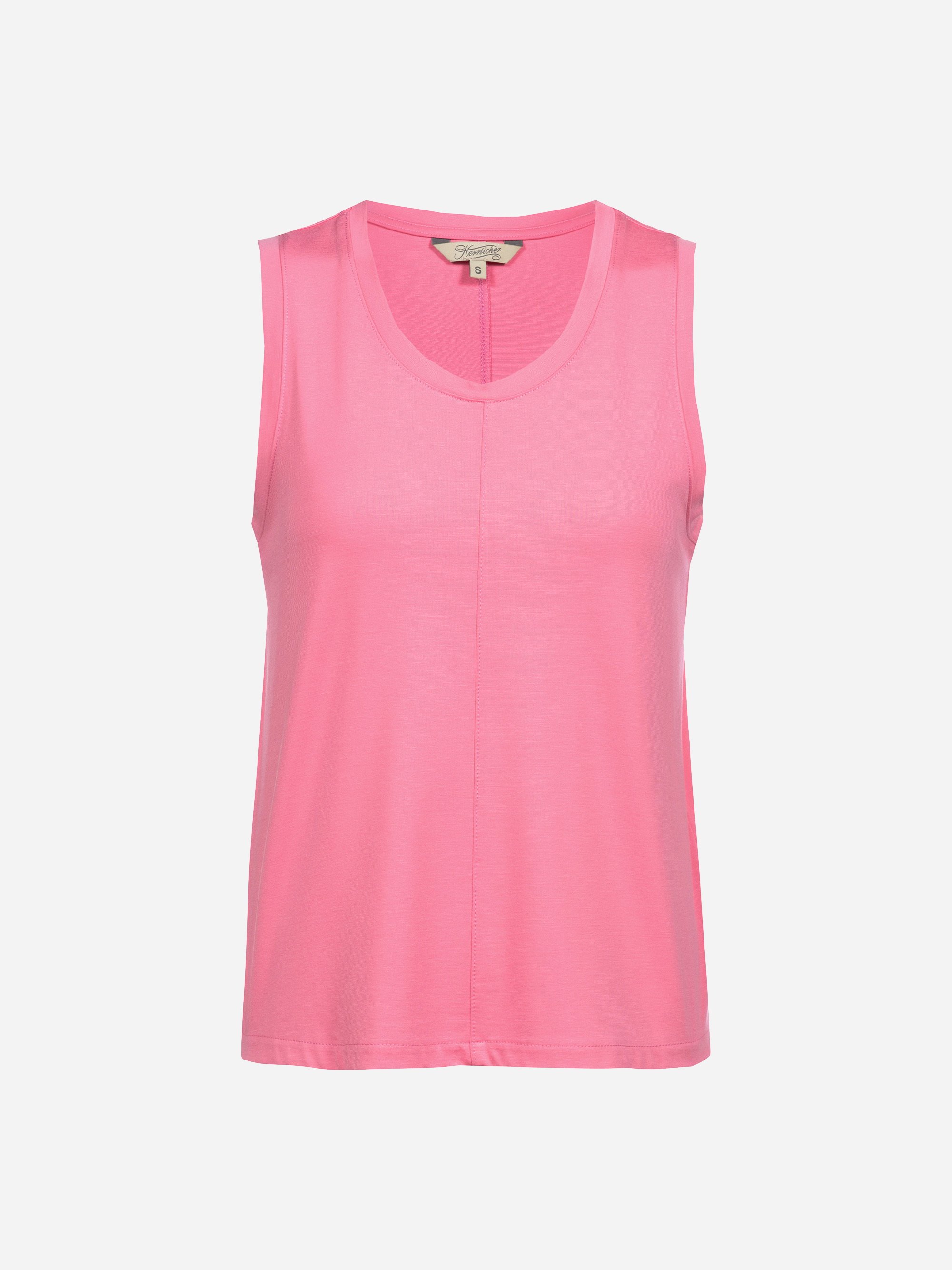 Ein ärmelloses, hellrosafarbenes Tank-Top mit rundem Halsausschnitt, abgebildet auf einem schlichten weißen Hintergrund.