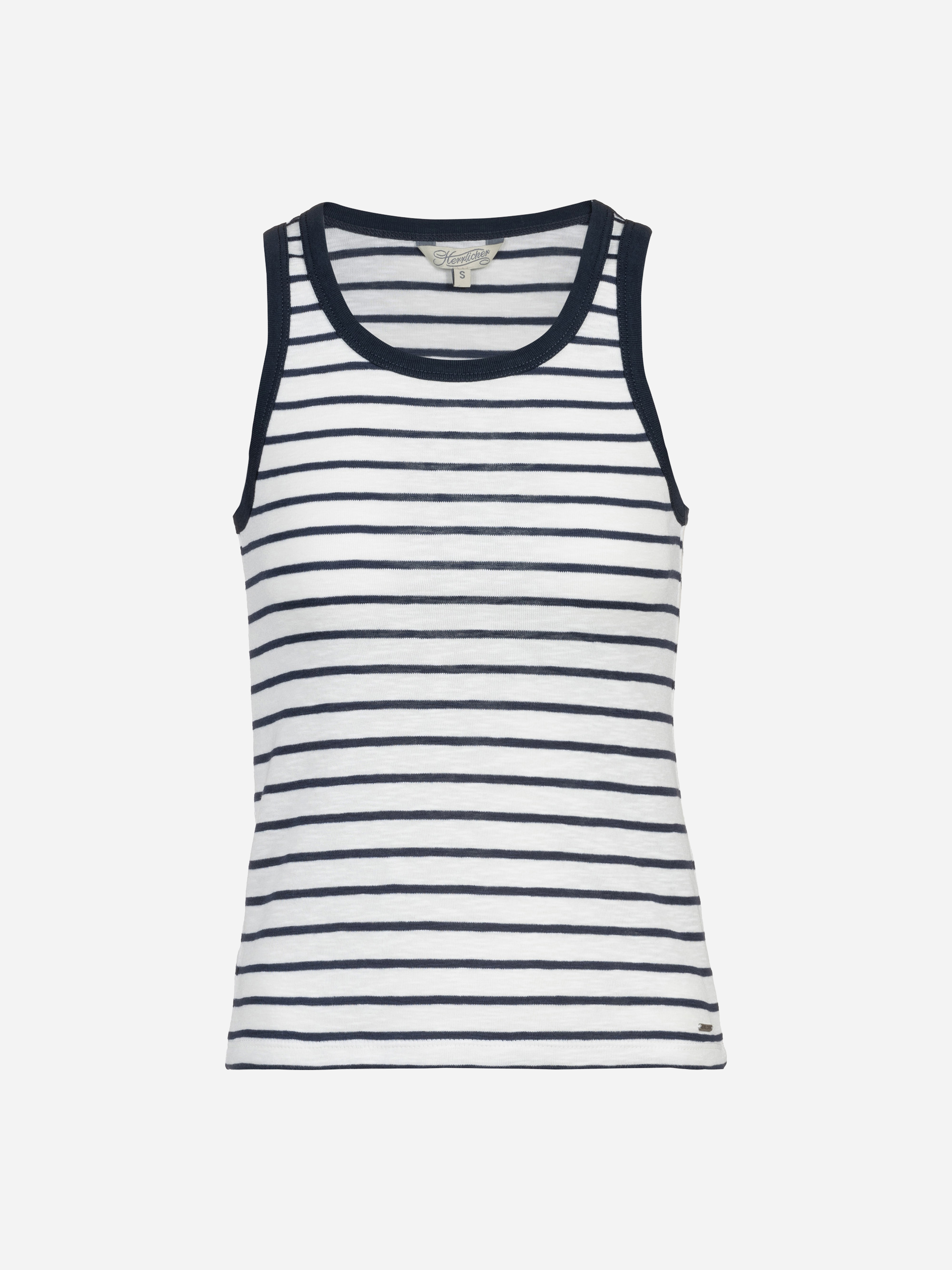 Ein ärmelloses Damen-Tank-Top mit horizontalen marineblauen und weißen Streifen, mit Rundhalsausschnitt und marineblauem Besatz am Hals und an den Armausschnitten, auf weißem Grund.