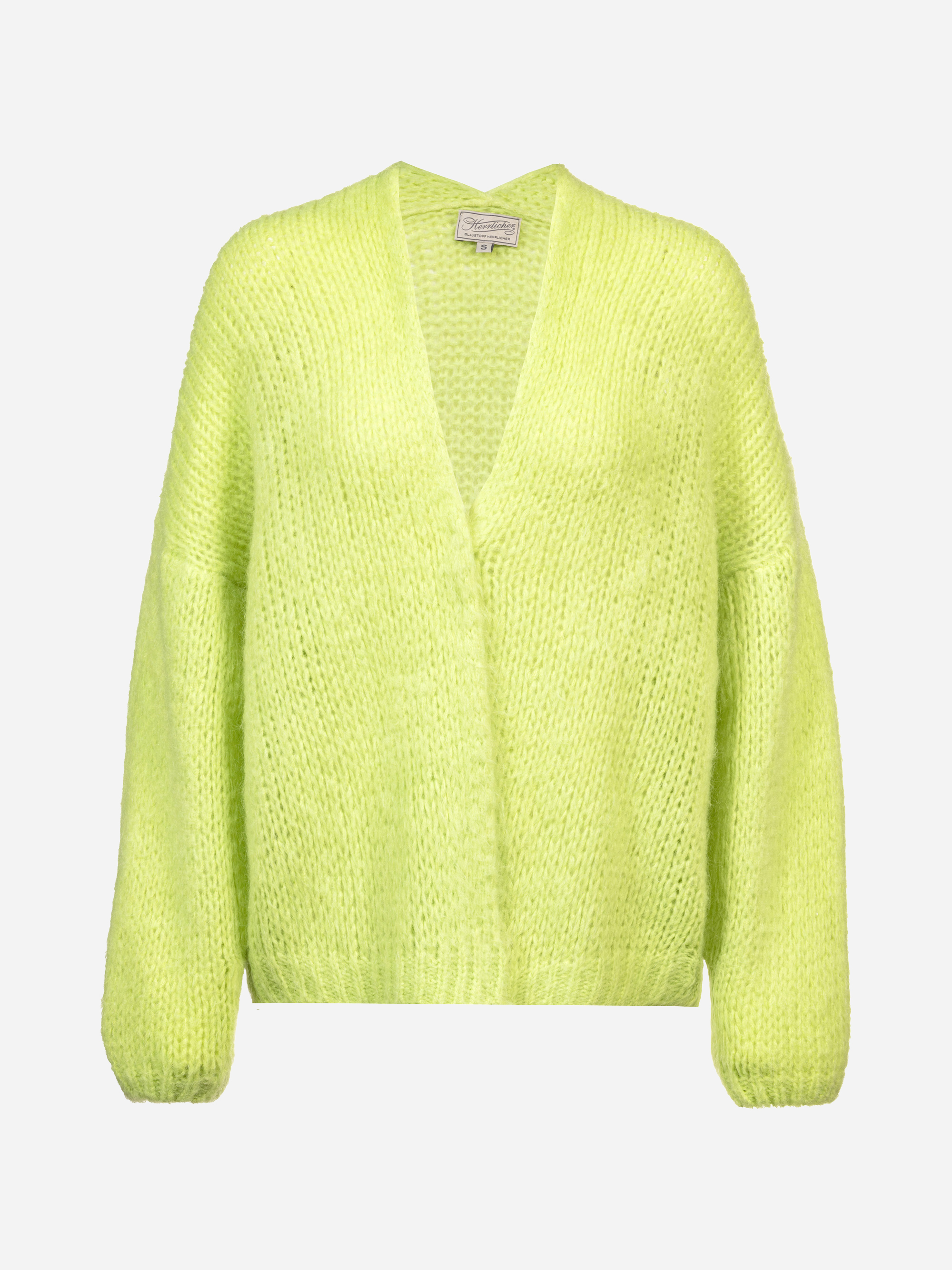 Eine lindgrüne, grob gestrickte Strickjacke mit langen Ärmeln, einem V-Ausschnitt und einer knopflosen Vorderseite, die vor einem schlichten weißen Hintergrund präsentiert wird.