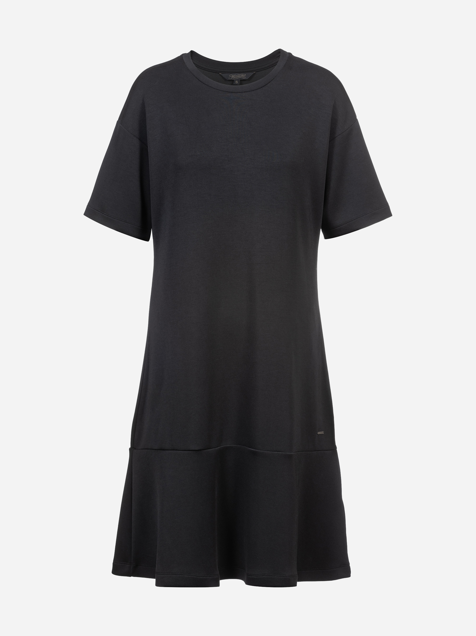 Ein schlichtes, kurzärmeliges, schwarzes T-Shirt-Kleid mit lockerer Passform und ausgestelltem Saum, das auf weißem Hintergrund abgebildet ist.