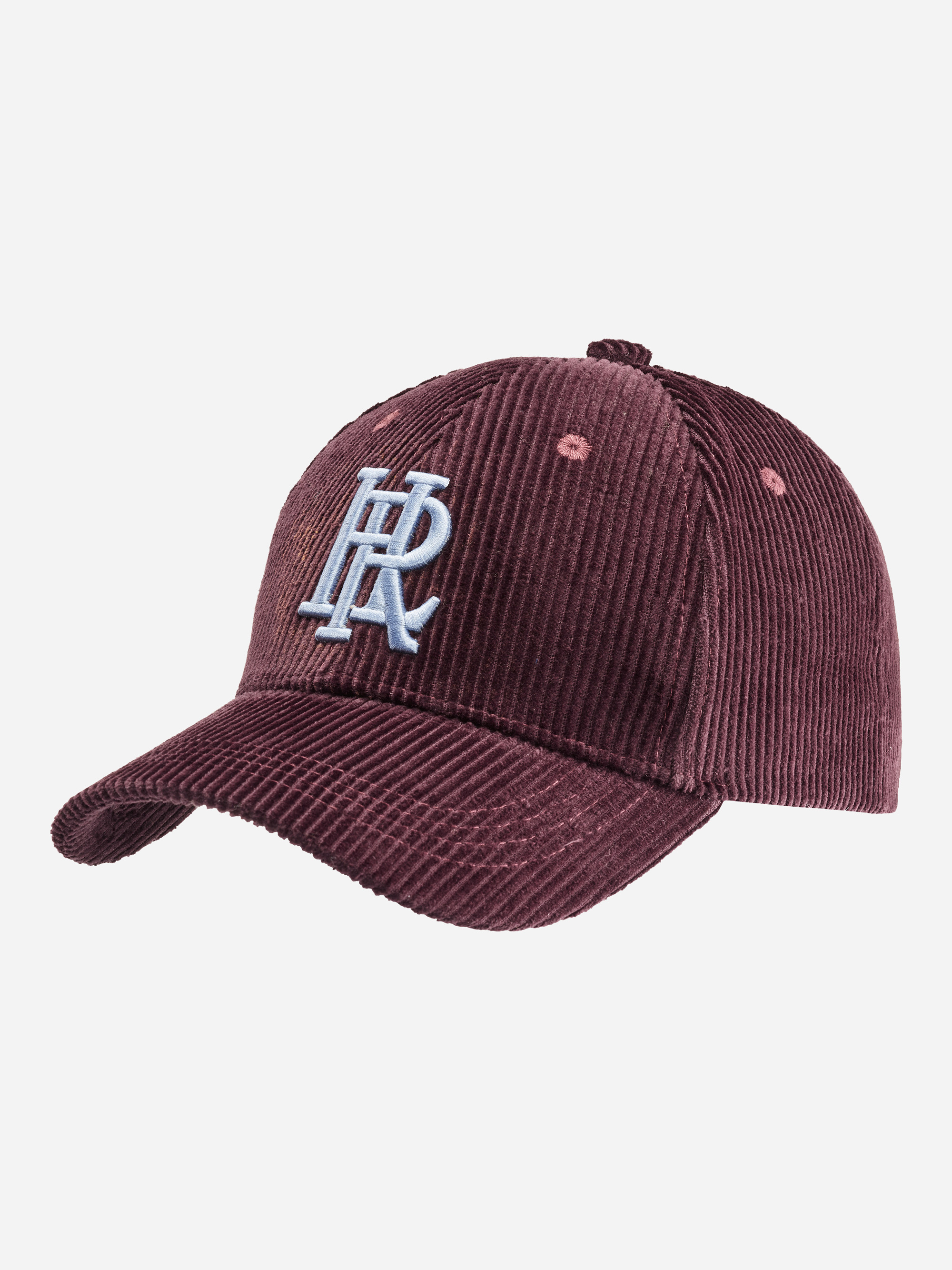 Burgunderrote Cord-Baseballmütze mit weißem gesticktem "FR"-Logo auf der Vorderseite vor einem schlichten weißen Hintergrund.