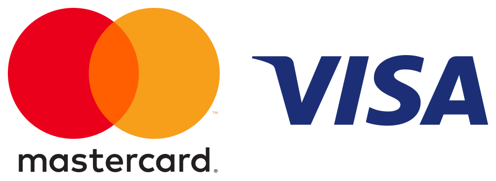 Logos von Mastercard und Visa. Das Mastercard-Logo zeigt zwei sich überschneidende rote und gelbe Kreise mit dem Wort Mastercard darunter. Das Visa-Logo zeigt das Wort VISA in fetten blauen Buchstaben.